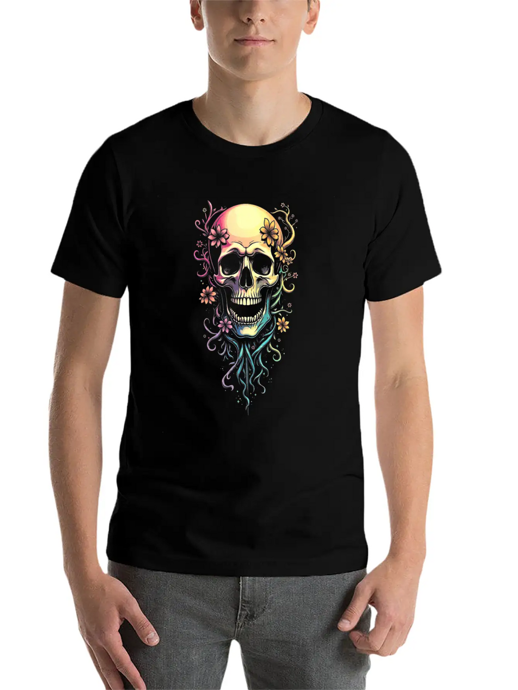 Colorful Skull Flowers Illustration Stylish Everyday T-Shirt – Unisex Basic Cotton Tee