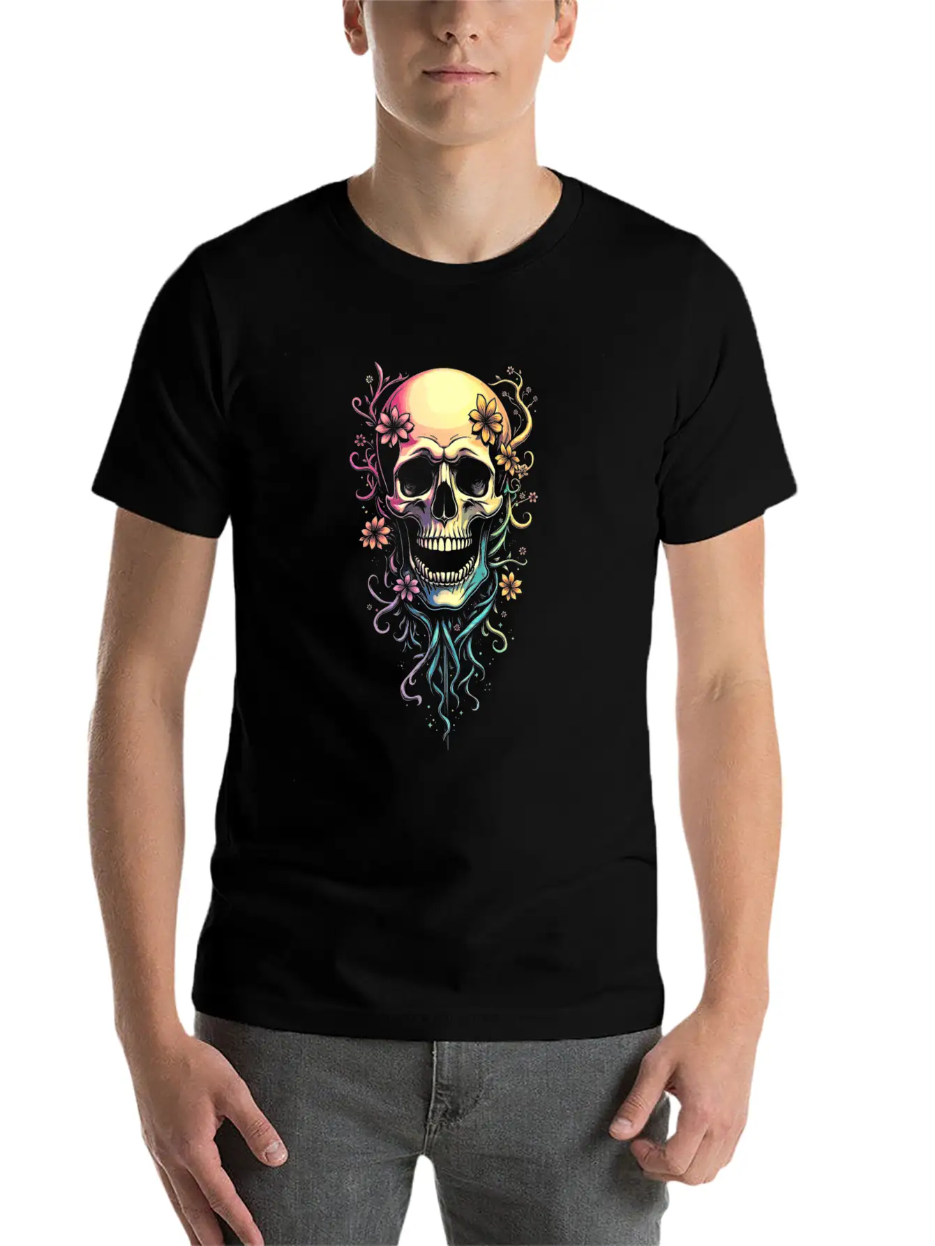 Colorful Skull Flowers Illustration Stylish Everyday T-Shirt – Unisex Basic Cotton Tee