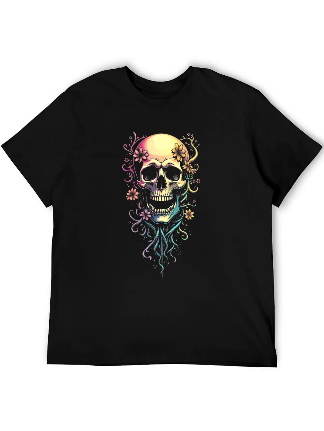 Colorful Skull Flowers Illustration Stylish Everyday T-Shirt – Unisex Basic Cotton Tee