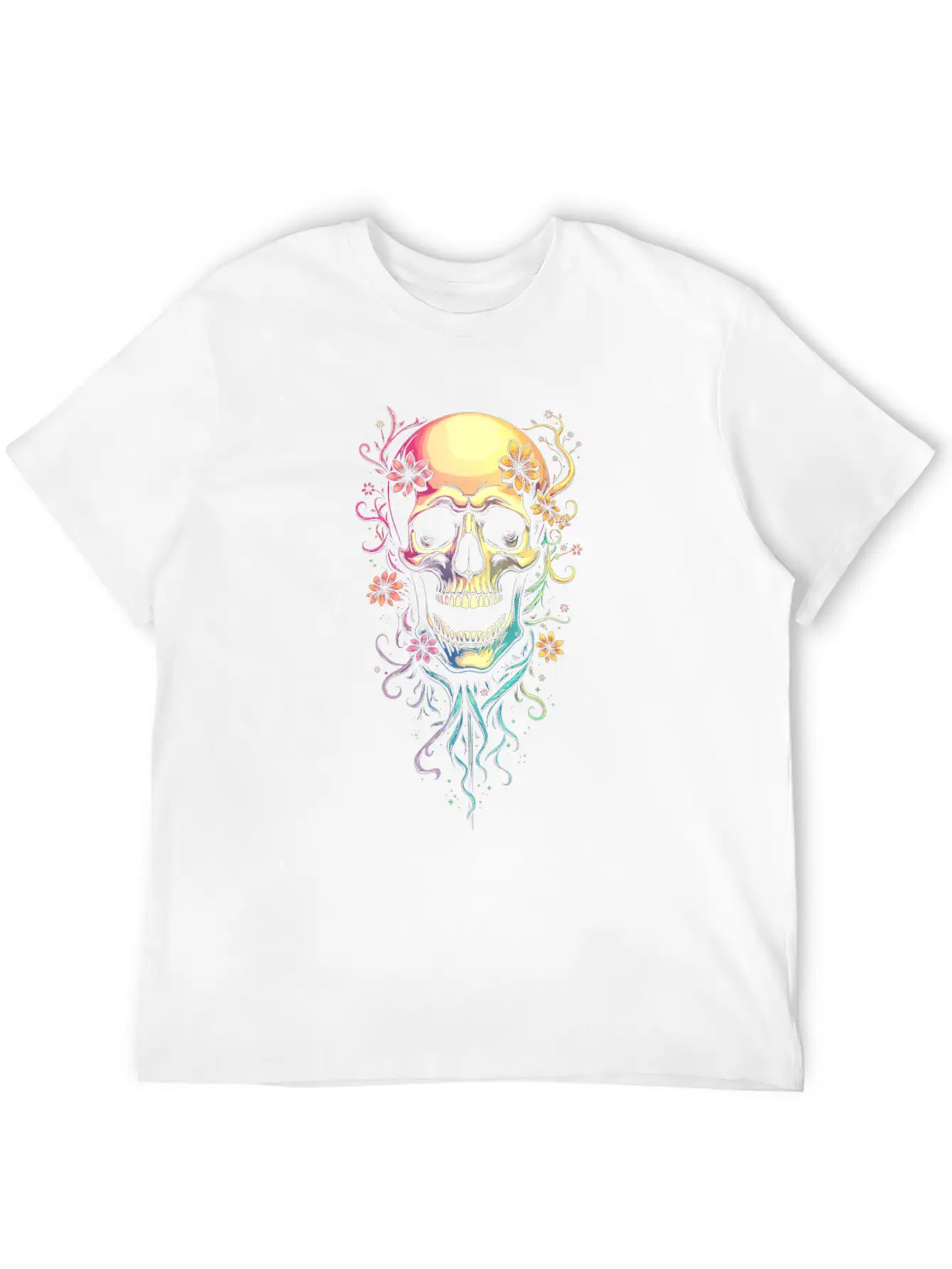 Colorful Skull Flowers Illustration Stylish Everyday T-Shirt – Unisex Basic Cotton Tee