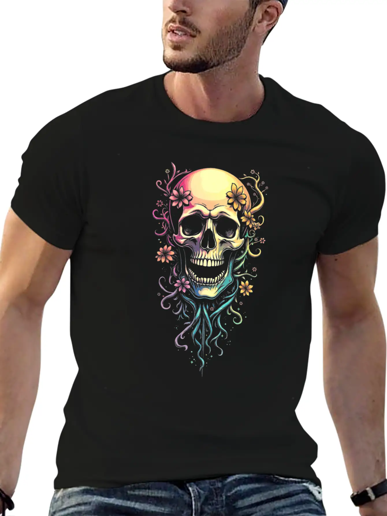 Colorful Skull Flowers Illustration Stylish Everyday T-Shirt – Unisex Basic Cotton Tee