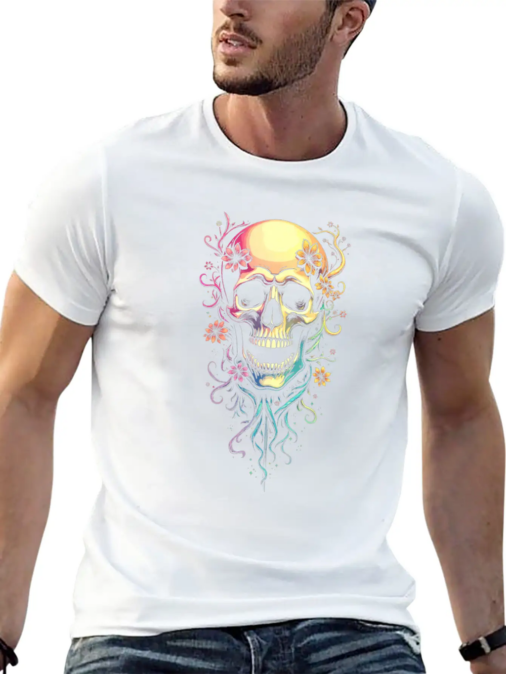 Colorful Skull Flowers Illustration Stylish Everyday T-Shirt – Unisex Basic Cotton Tee