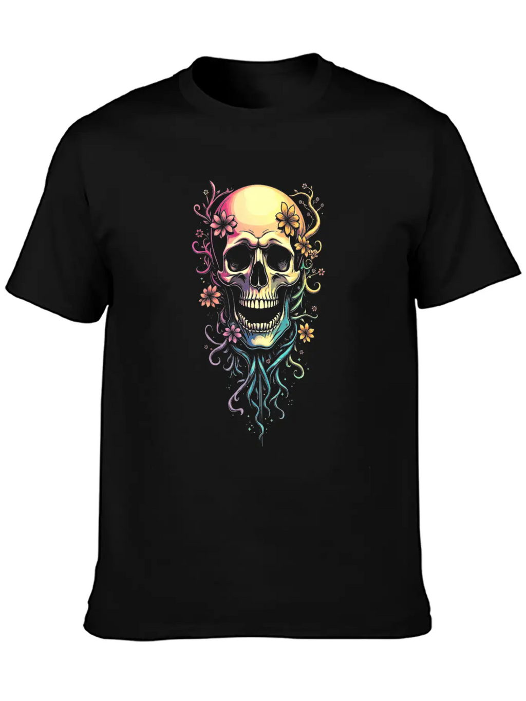 Colorful Skull Flowers Illustration Stylish Everyday T-Shirt – Unisex Basic Cotton Tee