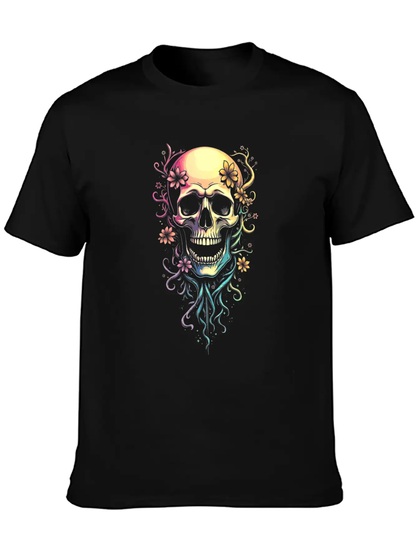 Colorful Skull Flowers Illustration Stylish Everyday T-Shirt – Unisex Basic Cotton Tee