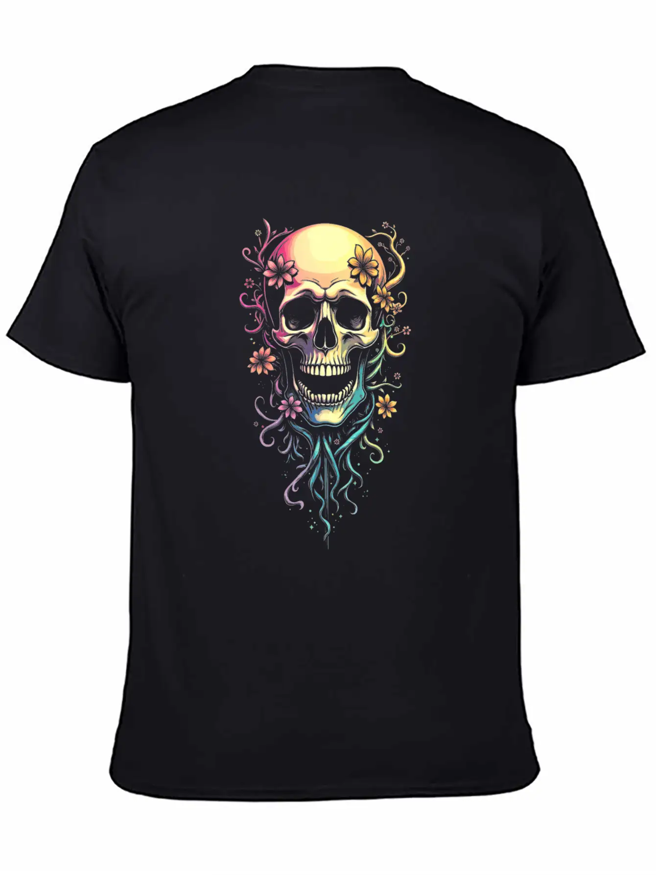 Colorful Skull Flowers Illustration Stylish Everyday T-Shirt – Unisex Basic Cotton Tee