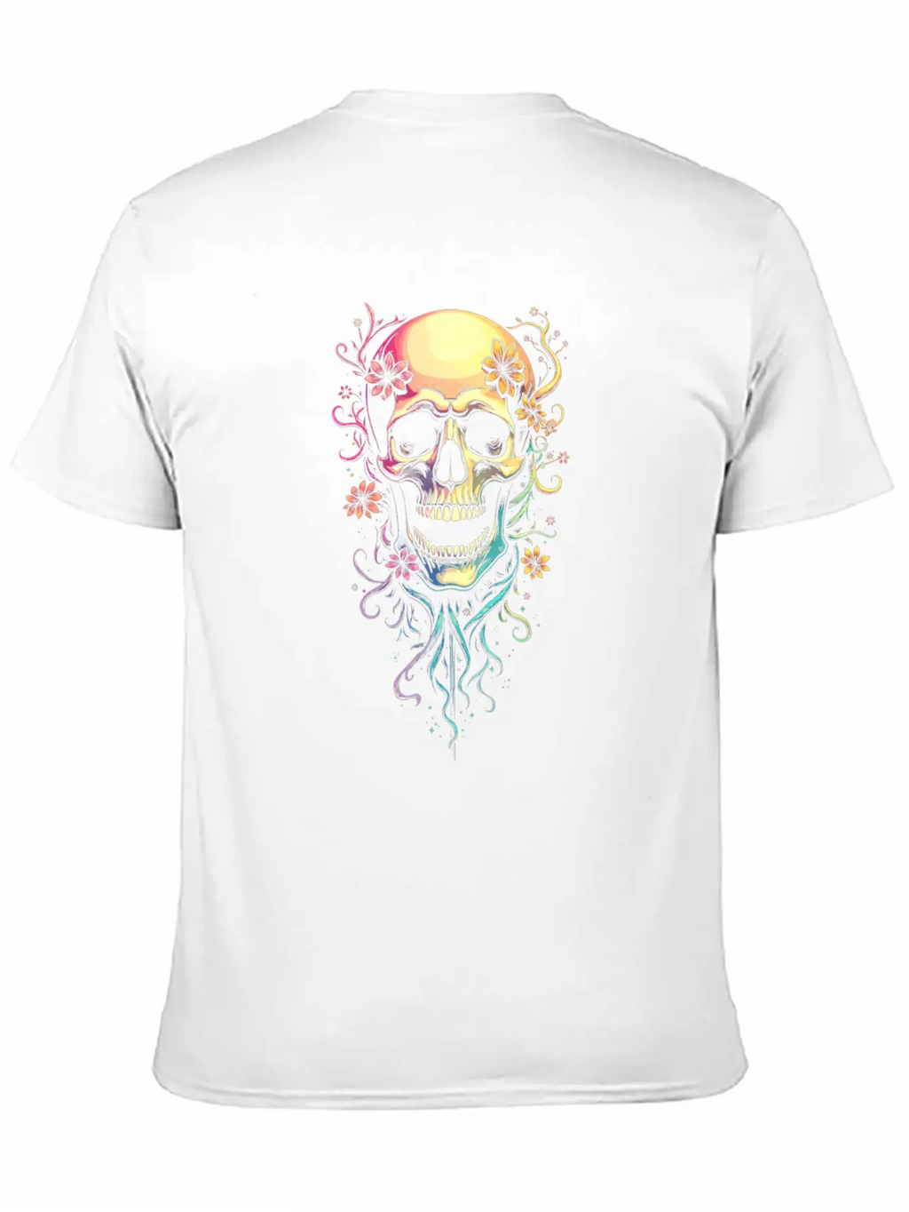 Colorful Skull Flowers Illustration Stylish Everyday T-Shirt – Unisex Basic Cotton Tee