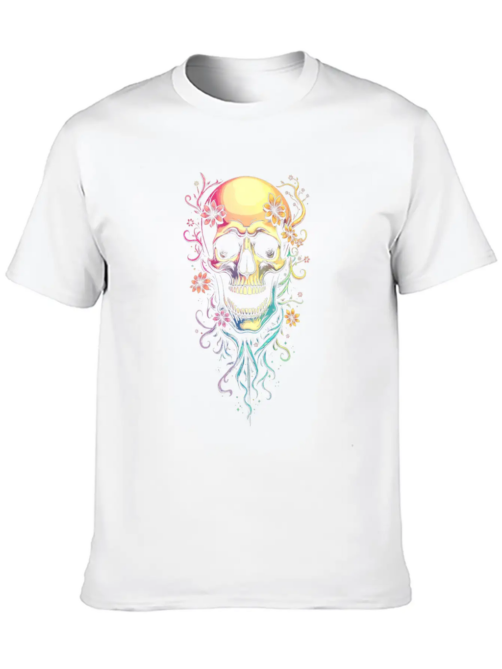 Colorful Skull Flowers Illustration Stylish Everyday T-Shirt – Unisex Basic Cotton Tee