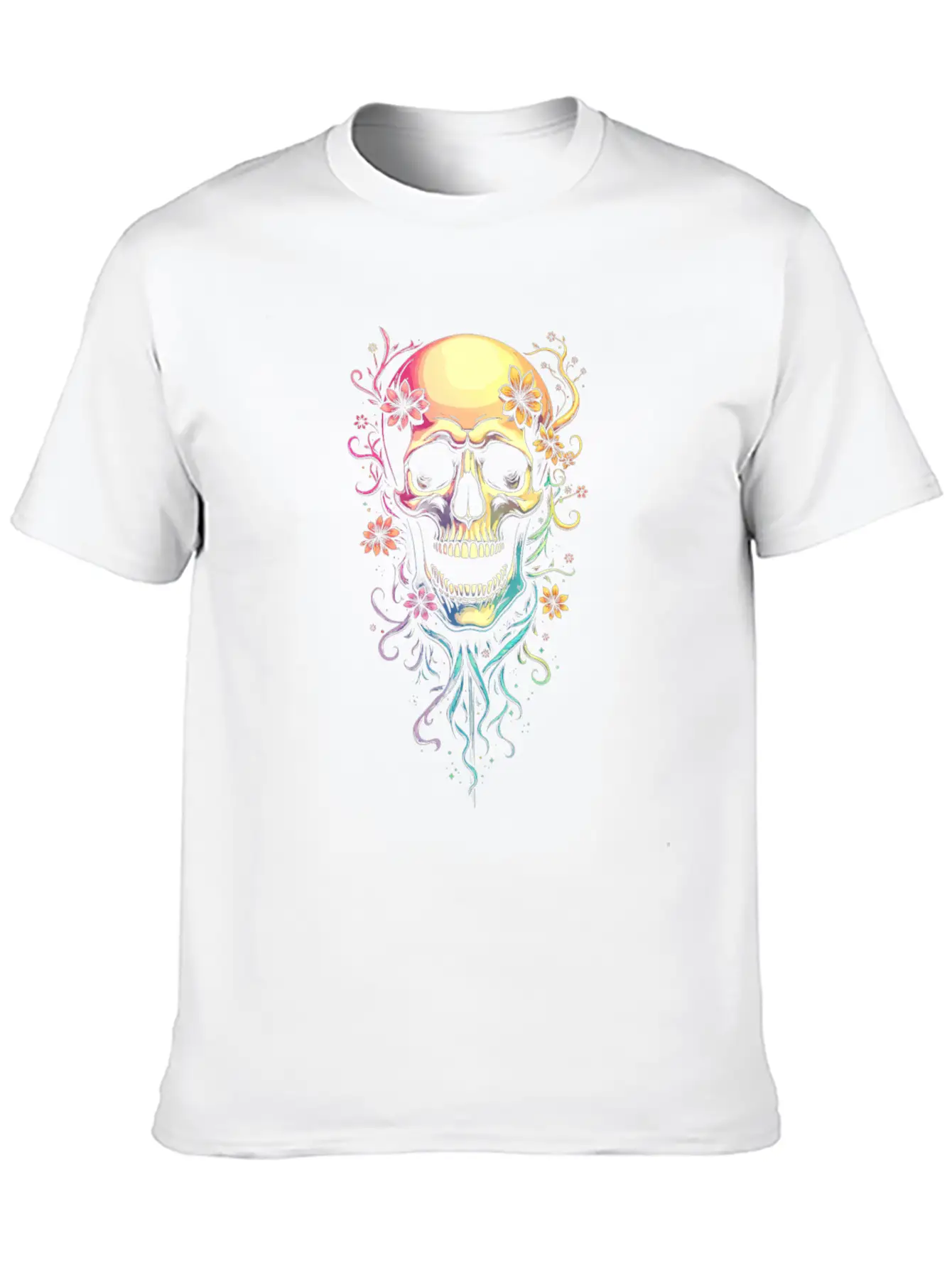Colorful Skull Flowers Illustration Stylish Everyday T-Shirt – Unisex Basic Cotton Tee