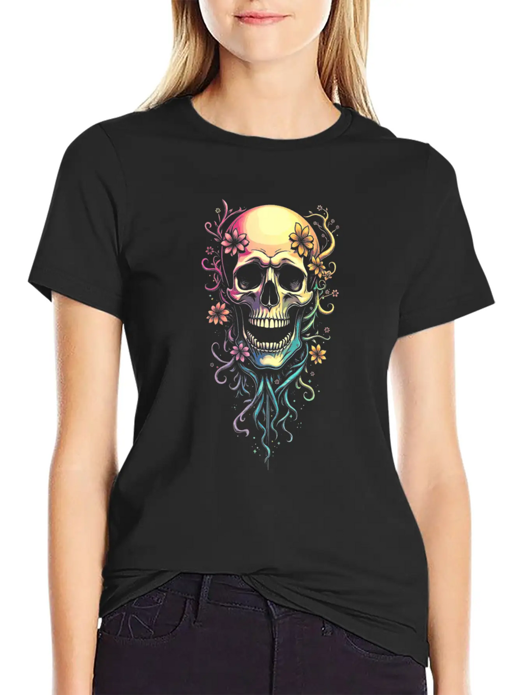Colorful Skull Flowers Illustration Stylish Everyday T-Shirt – Unisex Basic Cotton Tee