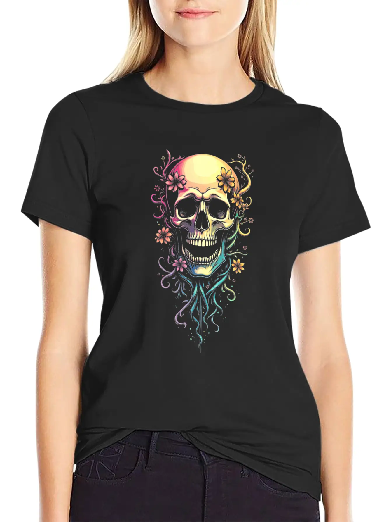 Colorful Skull Flowers Illustration Stylish Everyday T-Shirt – Unisex Basic Cotton Tee