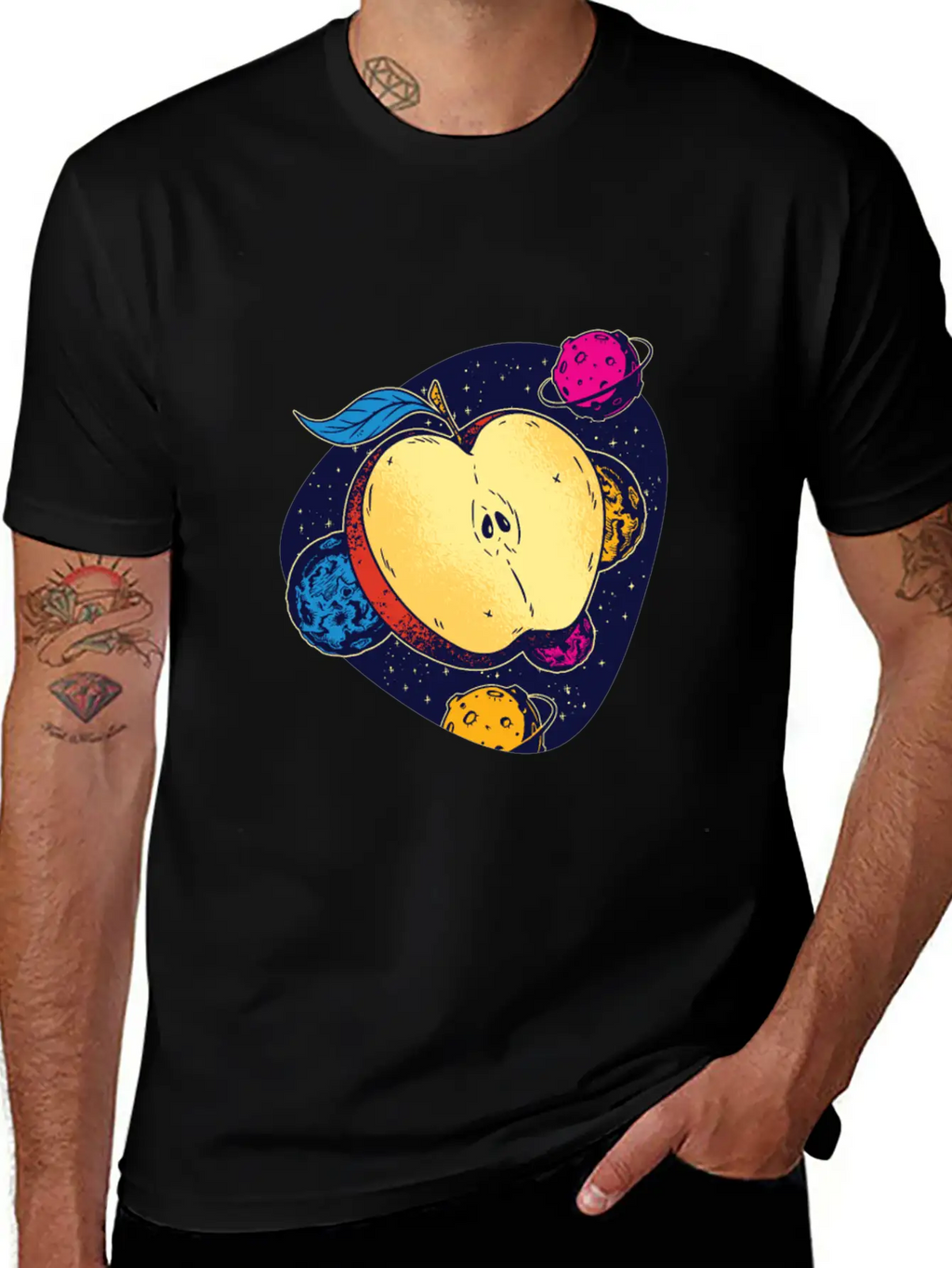 Colorful Space Apple Galactic Fruits Of Health Casual Graphic T-Shirt – Simple And Comfortable Daily Wear