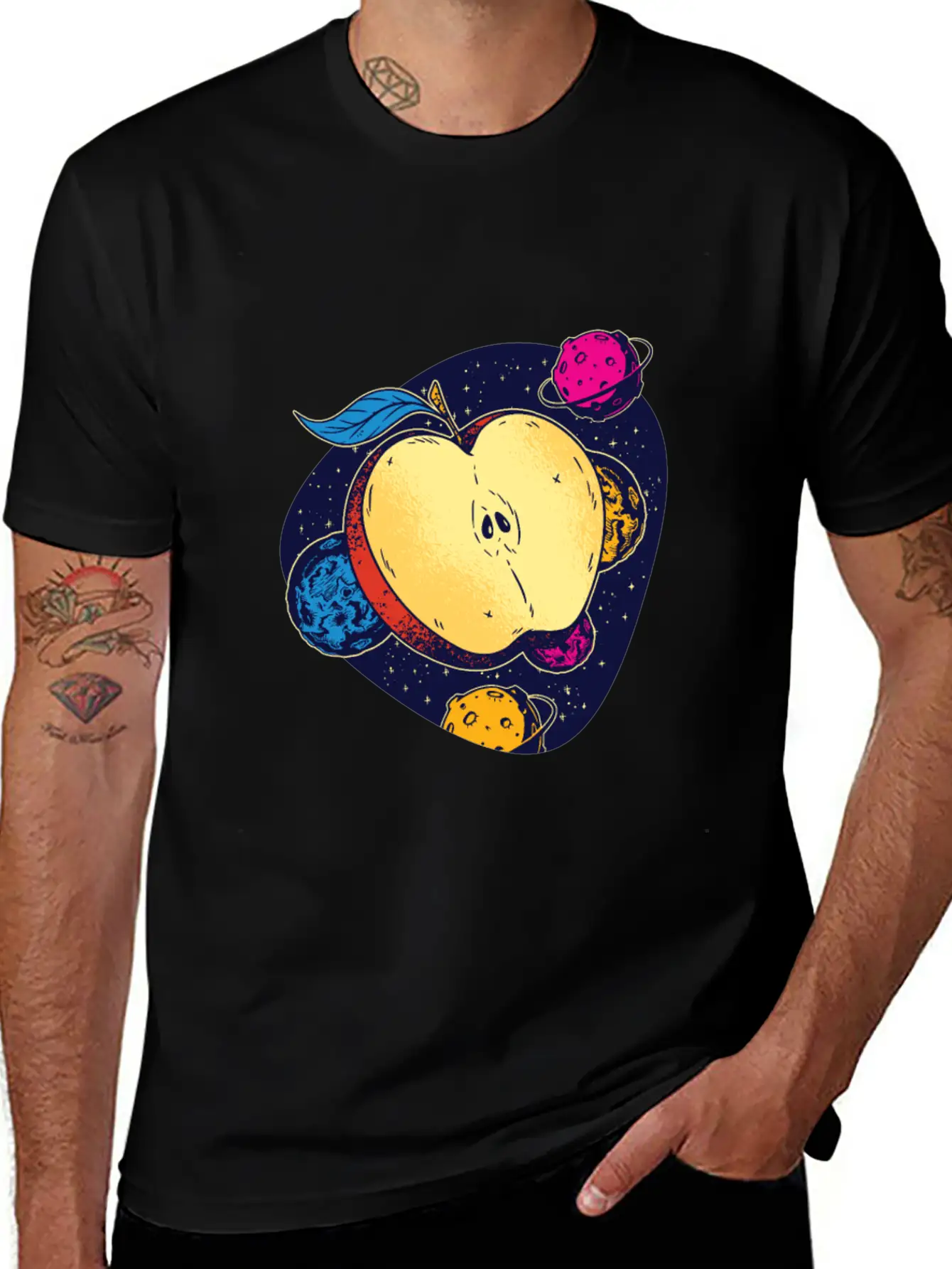 Colorful Space Apple Galactic Fruits Of Health Casual Graphic T-Shirt – Simple And Comfortable Daily Wear