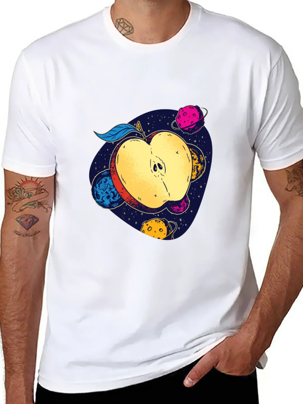Colorful Space Apple Galactic Fruits Of Health Casual Graphic T-Shirt – Simple And Comfortable Daily Wear