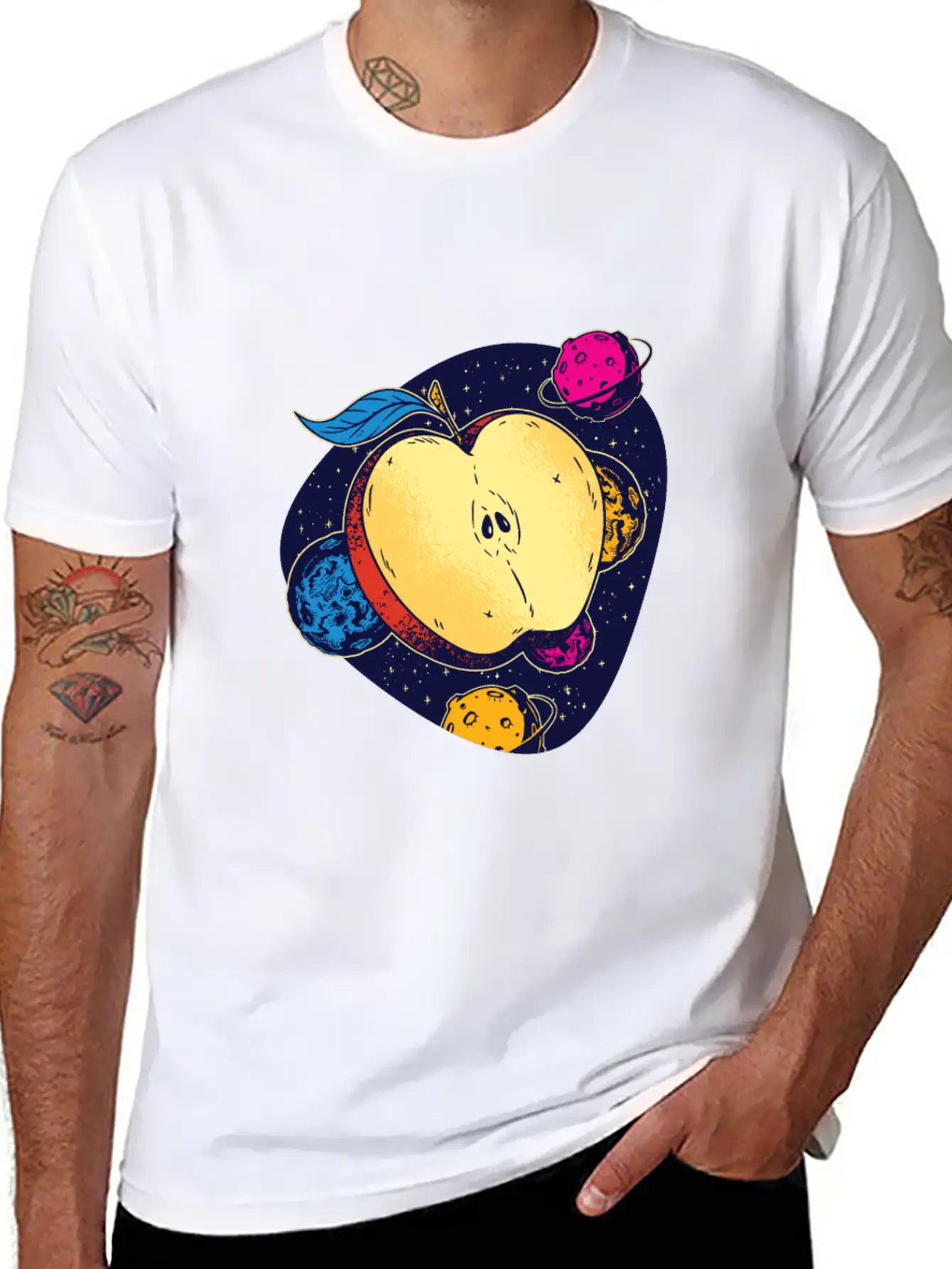 Colorful Space Apple Galactic Fruits Of Health Casual Graphic T-Shirt – Simple And Comfortable Daily Wear