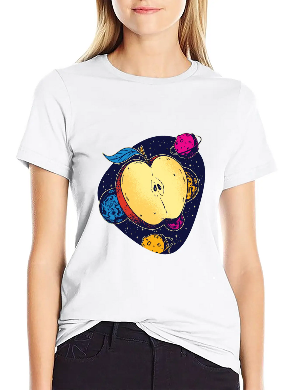 Colorful Space Apple Galactic Fruits Of Health Casual Graphic T-Shirt – Simple And Comfortable Daily Wear