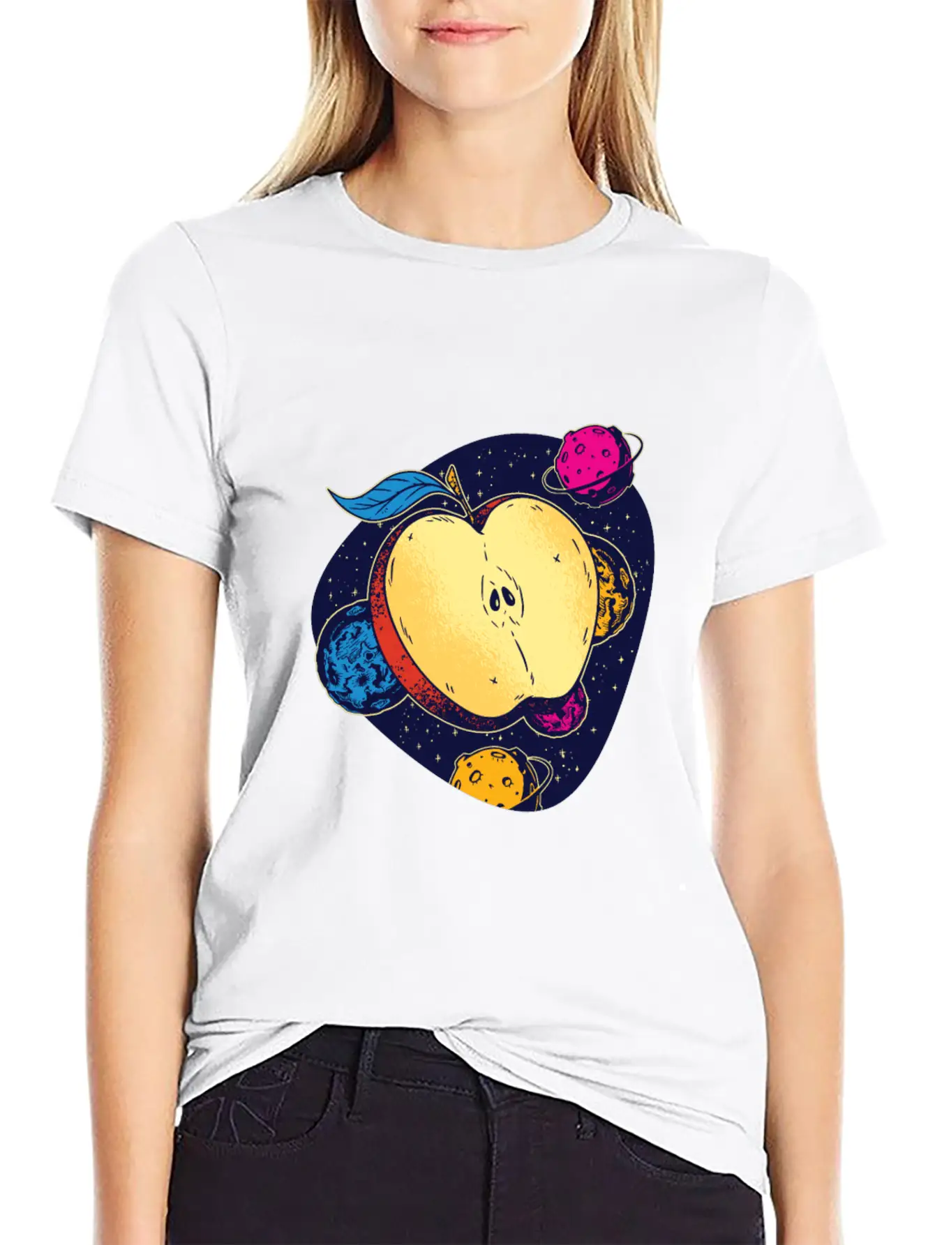 Colorful Space Apple Galactic Fruits Of Health Casual Graphic T-Shirt – Simple And Comfortable Daily Wear