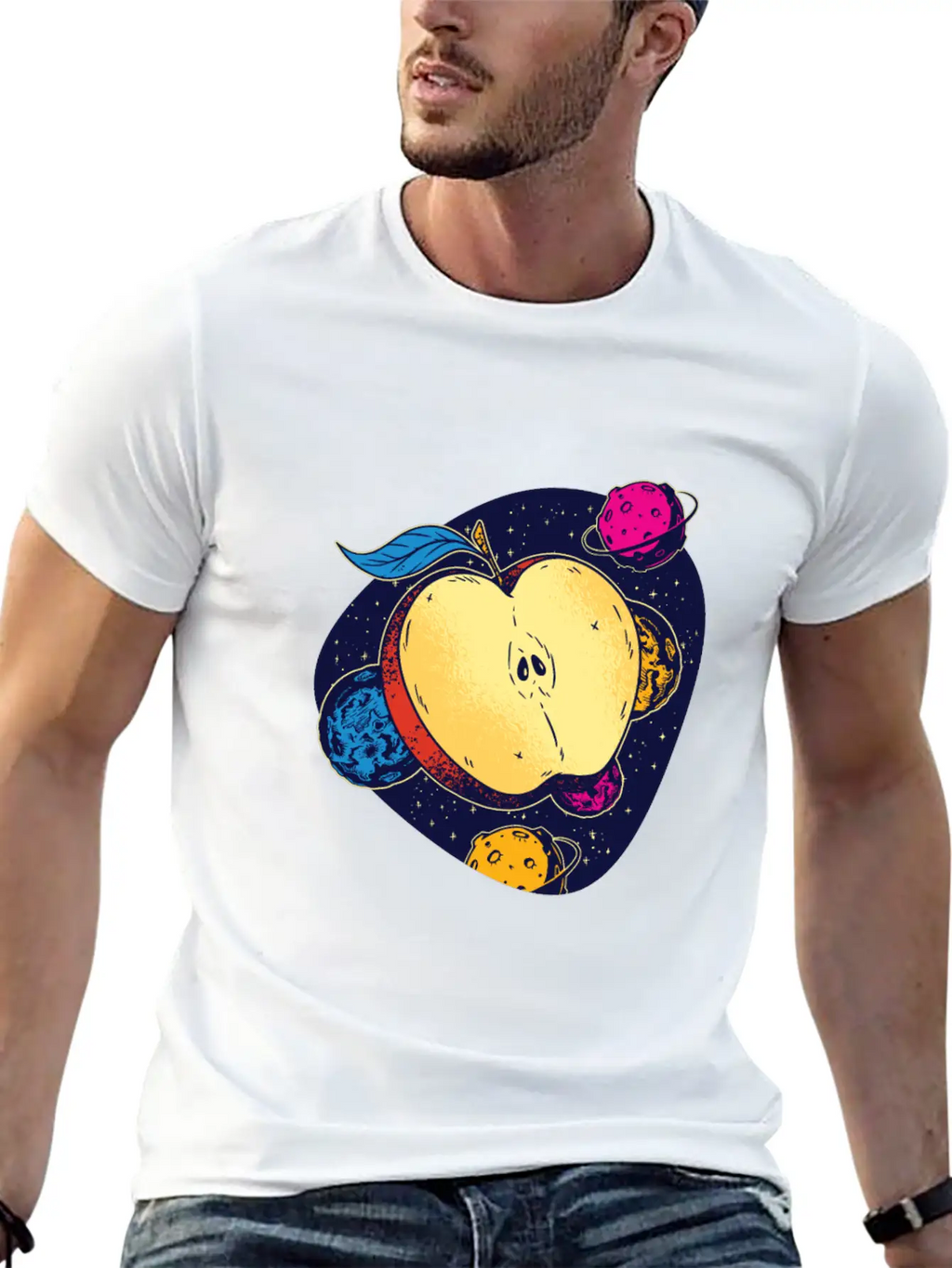 Colorful Space Apple Galactic Fruits Of Health Casual Graphic T-Shirt – Simple And Comfortable Daily Wear
