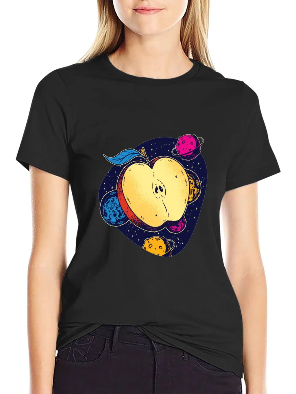 Colorful Space Apple Galactic Fruits Of Health Casual Graphic T-Shirt – Simple And Comfortable Daily Wear