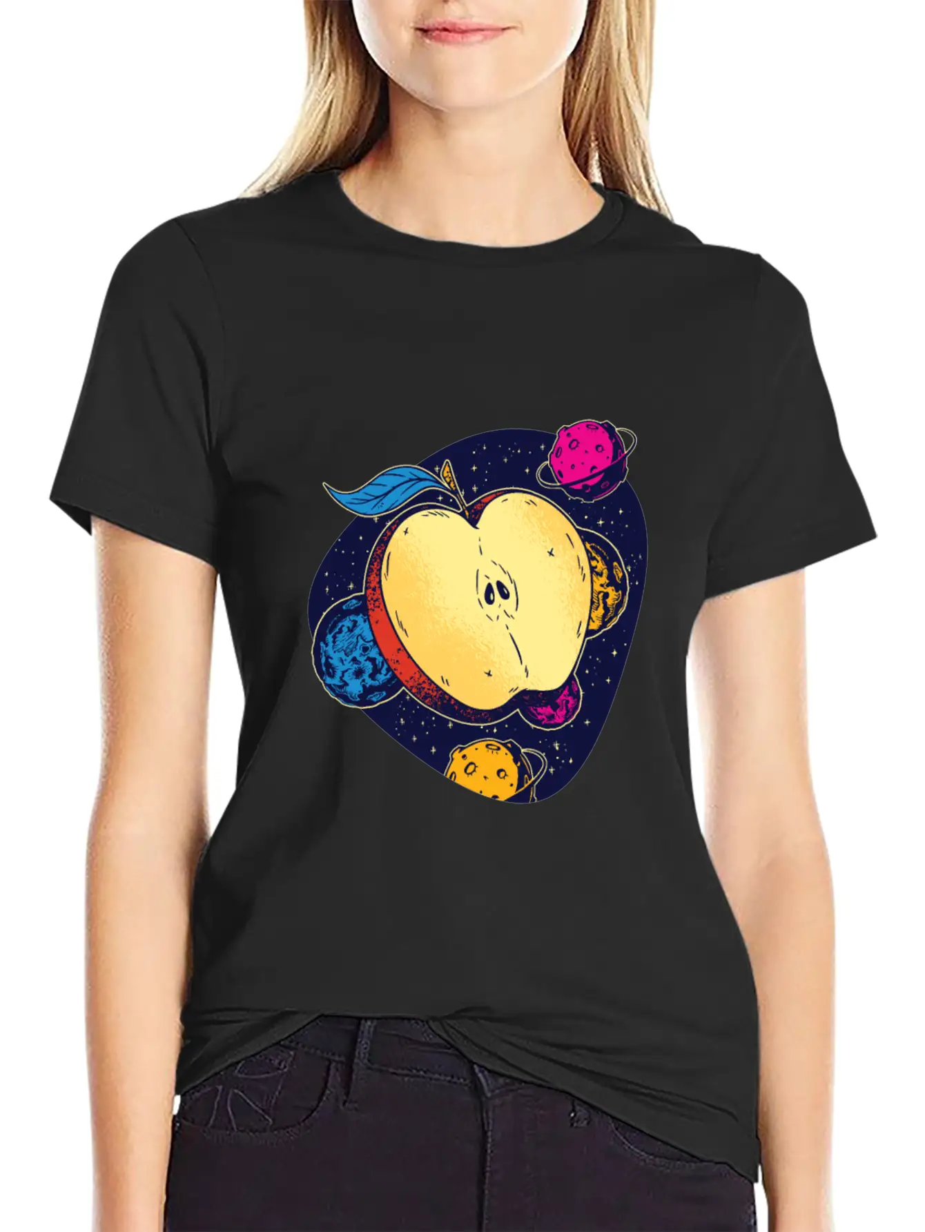 Colorful Space Apple Galactic Fruits Of Health Casual Graphic T-Shirt – Simple And Comfortable Daily Wear