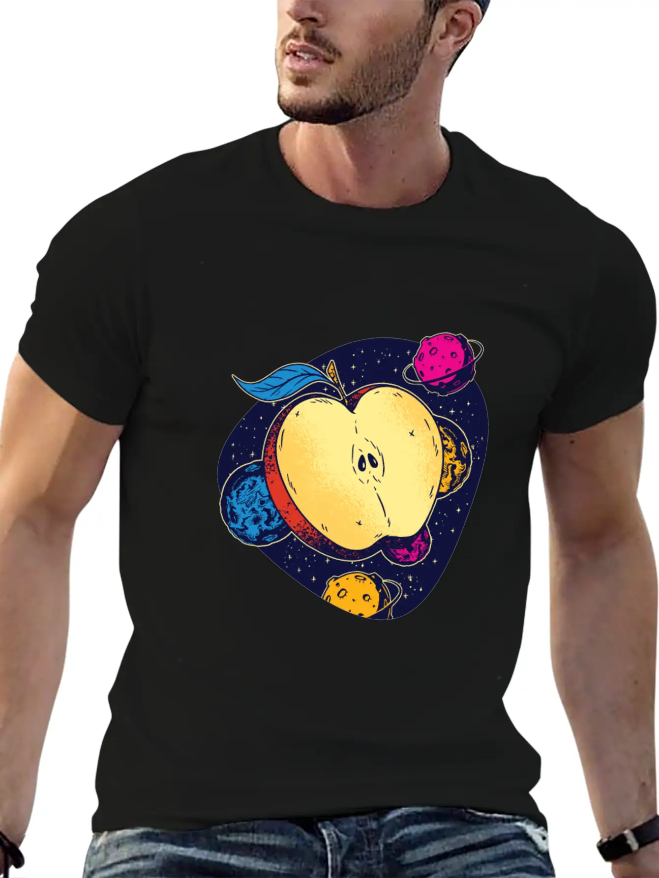 Colorful Space Apple Galactic Fruits Of Health Casual Graphic T-Shirt – Simple And Comfortable Daily Wear