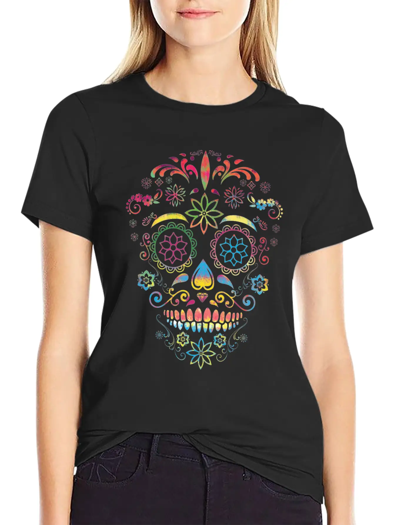 Colorful Sugarskull Dia De Los Muertos Halloween Classic Fit Graphic Tee For Daily Comfort – Unisex Cotton Shirt