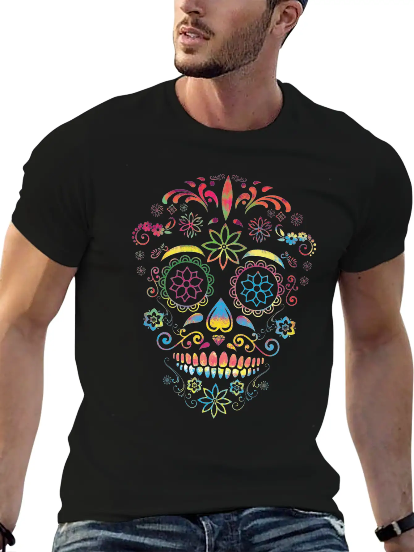 Colorful Sugarskull Dia De Los Muertos Halloween Classic Fit Graphic Tee For Daily Comfort – Unisex Cotton Shirt