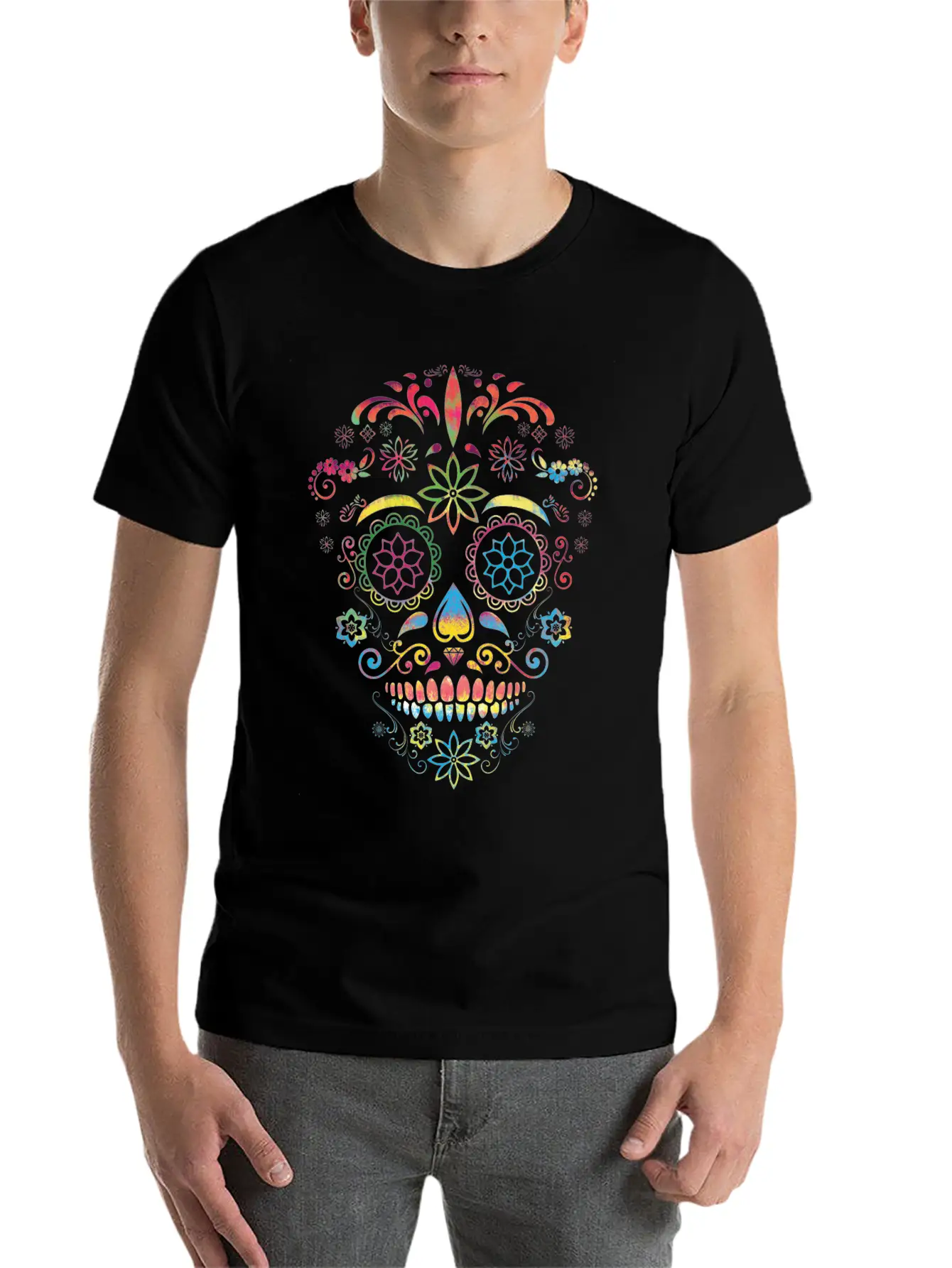 Colorful Sugarskull Dia De Los Muertos Halloween Classic Fit Graphic Tee For Daily Comfort – Unisex Cotton Shirt