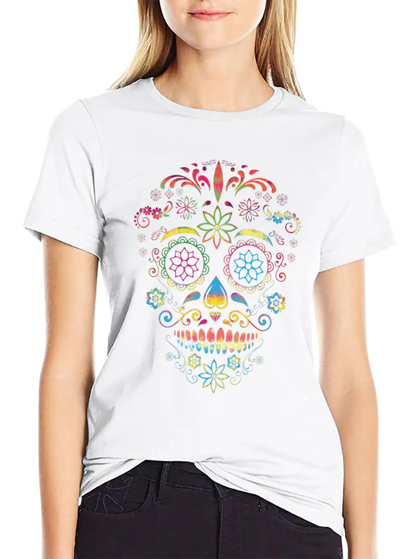 Colorful Sugarskull Dia De Los Muertos Halloween Classic Fit Graphic Tee For Daily Comfort – Unisex Cotton Shirt