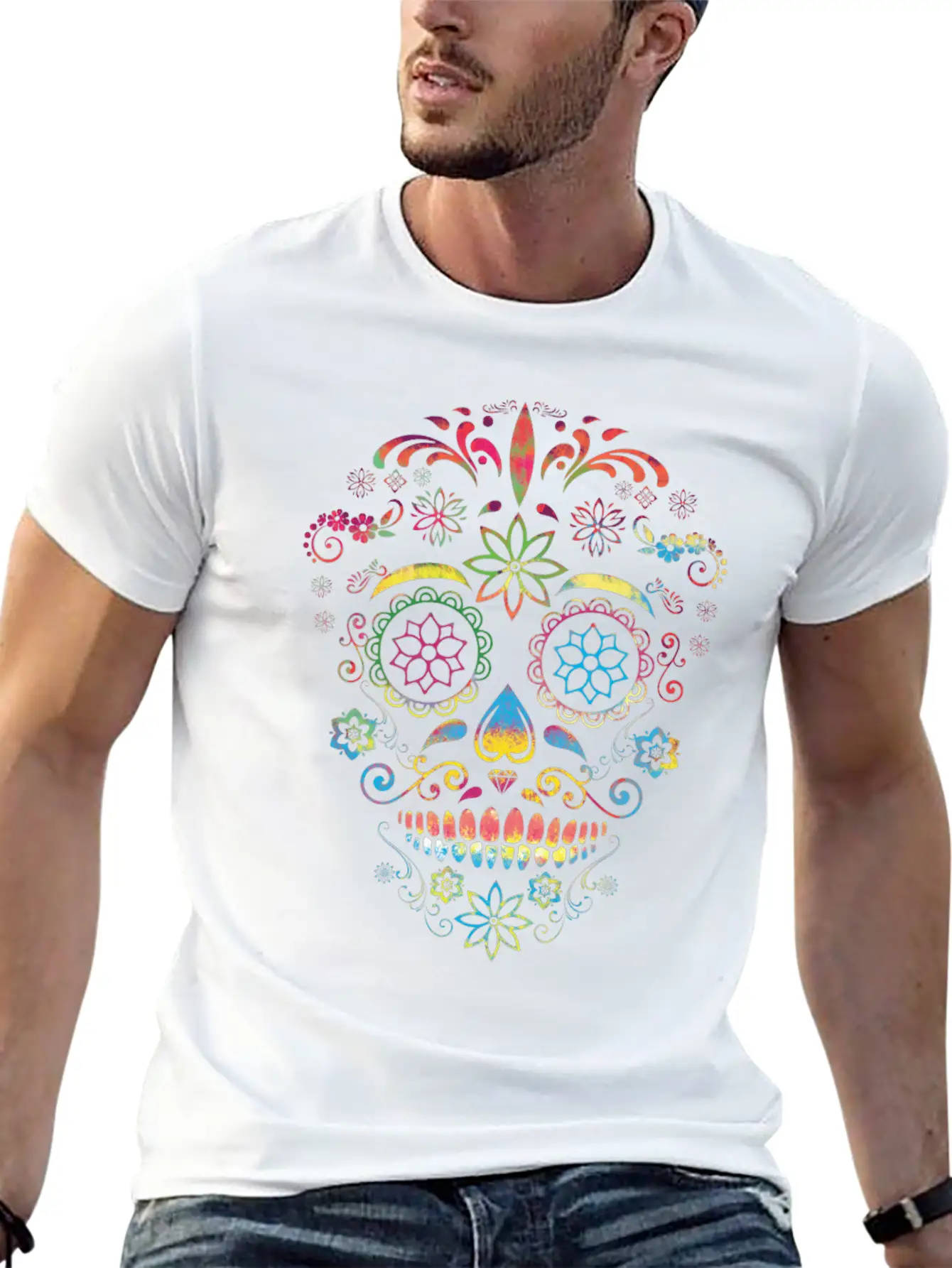Colorful Sugarskull Dia De Los Muertos Halloween Classic Fit Graphic Tee For Daily Comfort – Unisex Cotton Shirt