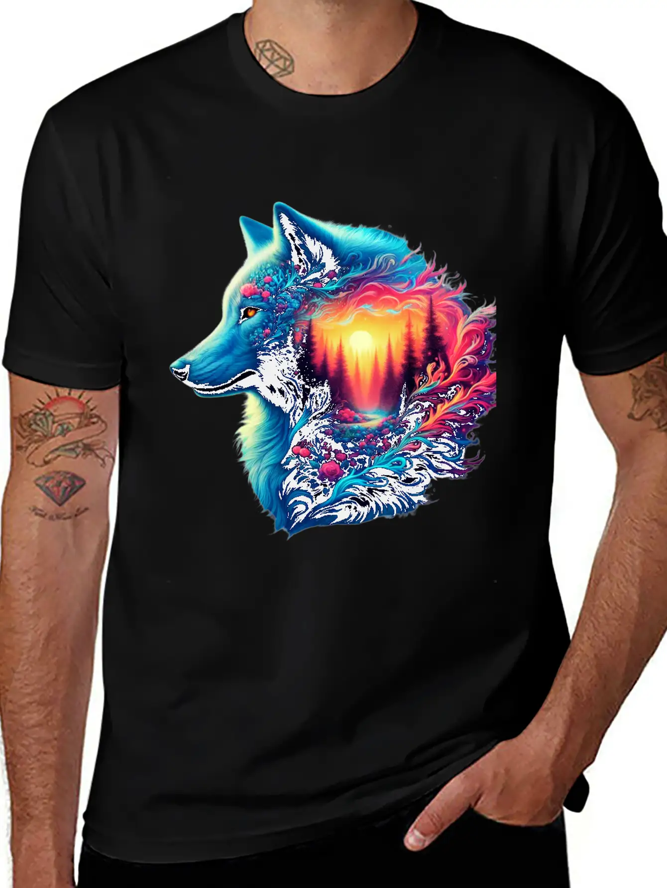 Colorful Wolf And Sunset Forest Unisex Casual T-Shirt – Clean Design For Daily Comfort