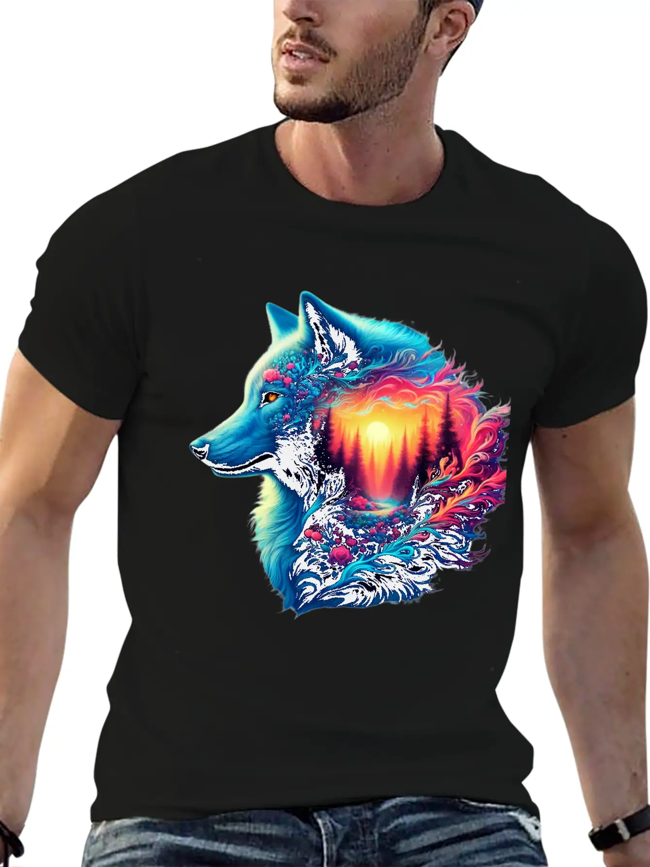 Colorful Wolf And Sunset Forest Unisex Casual T-Shirt – Clean Design For Daily Comfort