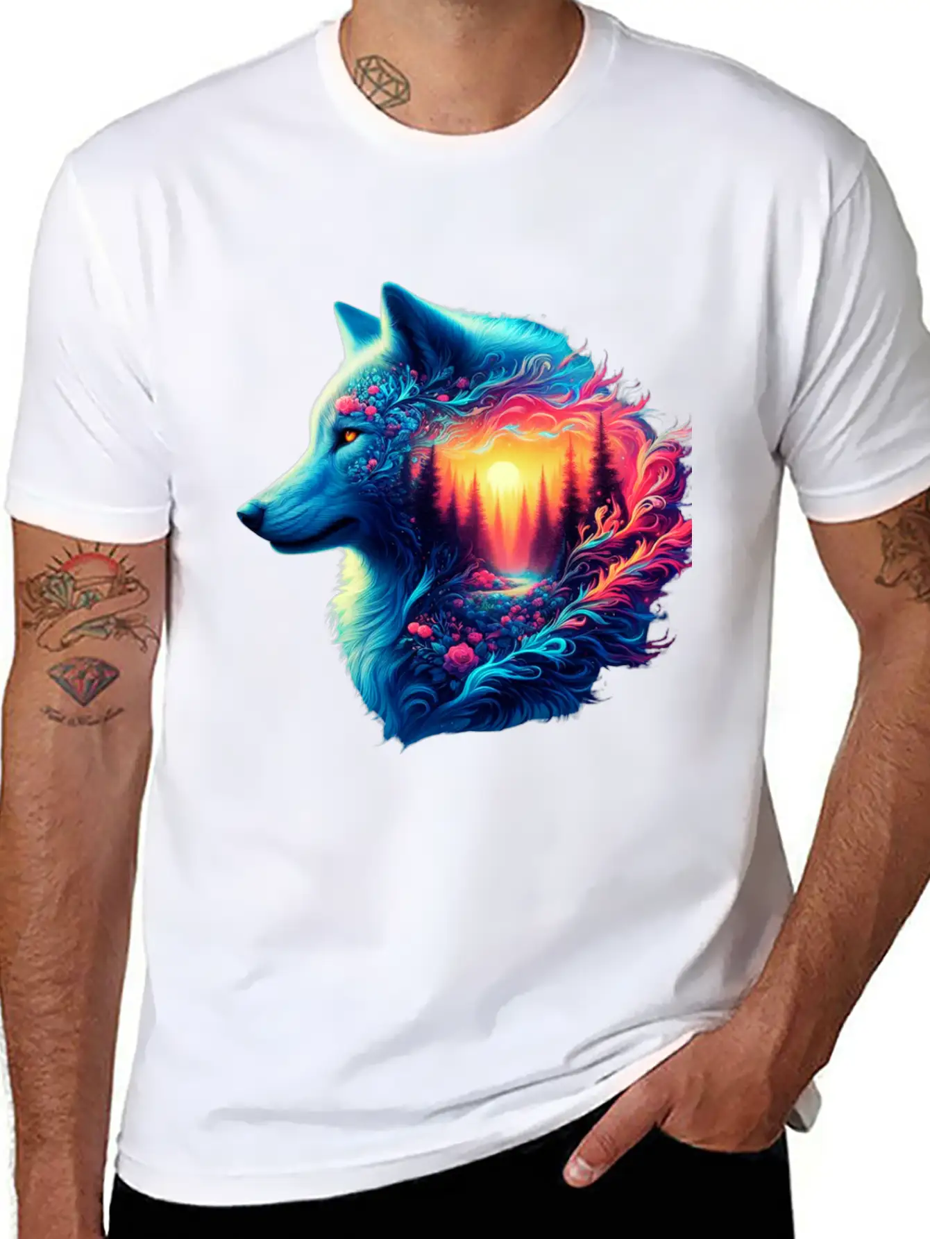 Colorful Wolf And Sunset Forest Unisex Casual T-Shirt – Clean Design For Daily Comfort