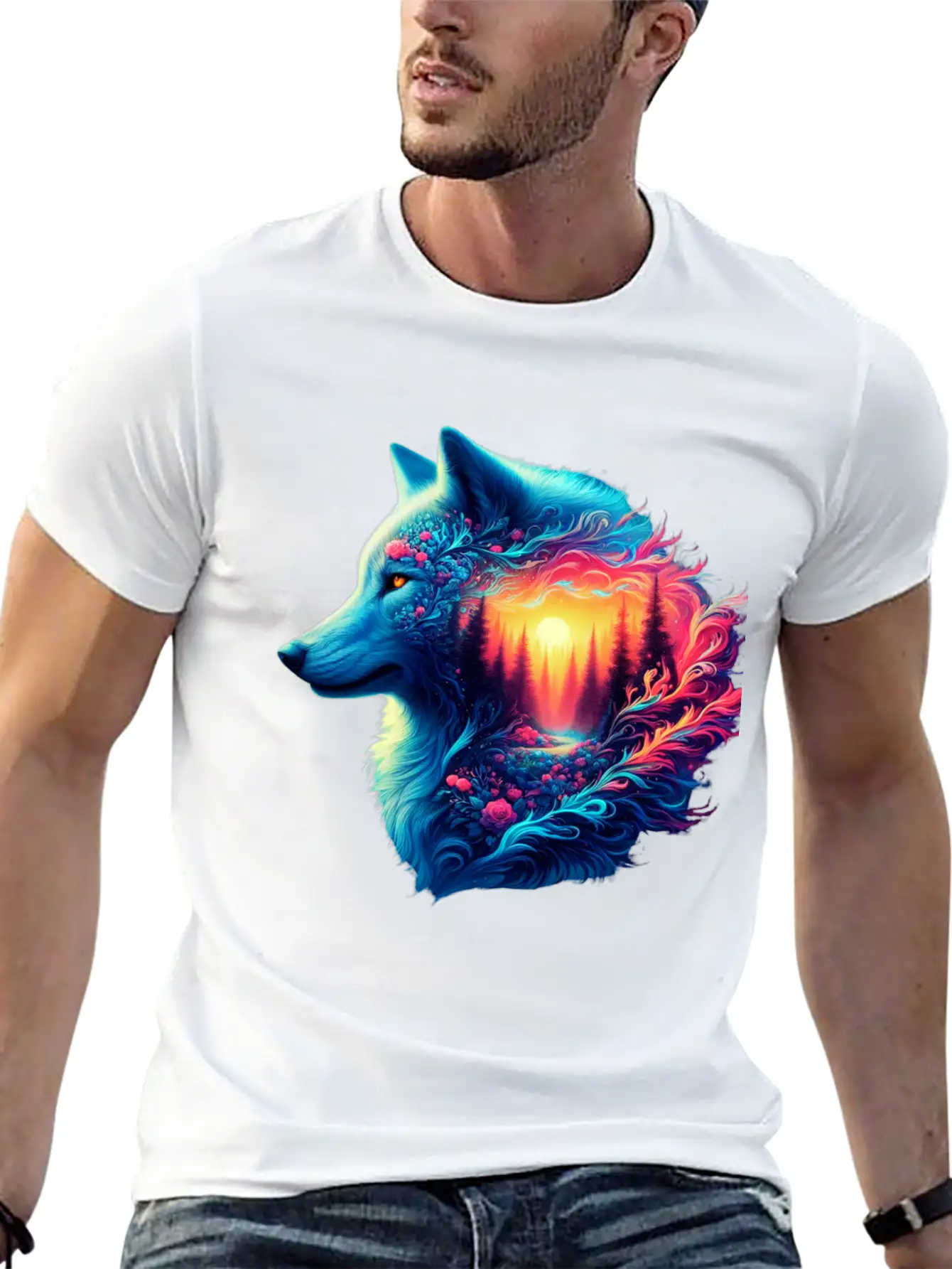 Colorful Wolf And Sunset Forest Unisex Casual T-Shirt – Clean Design For Daily Comfort