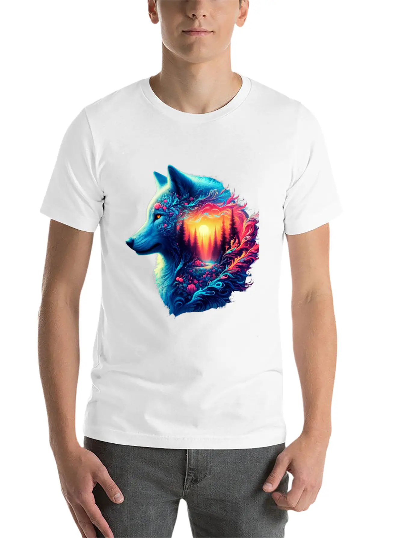 Colorful Wolf And Sunset Forest Unisex Casual T-Shirt – Clean Design For Daily Comfort