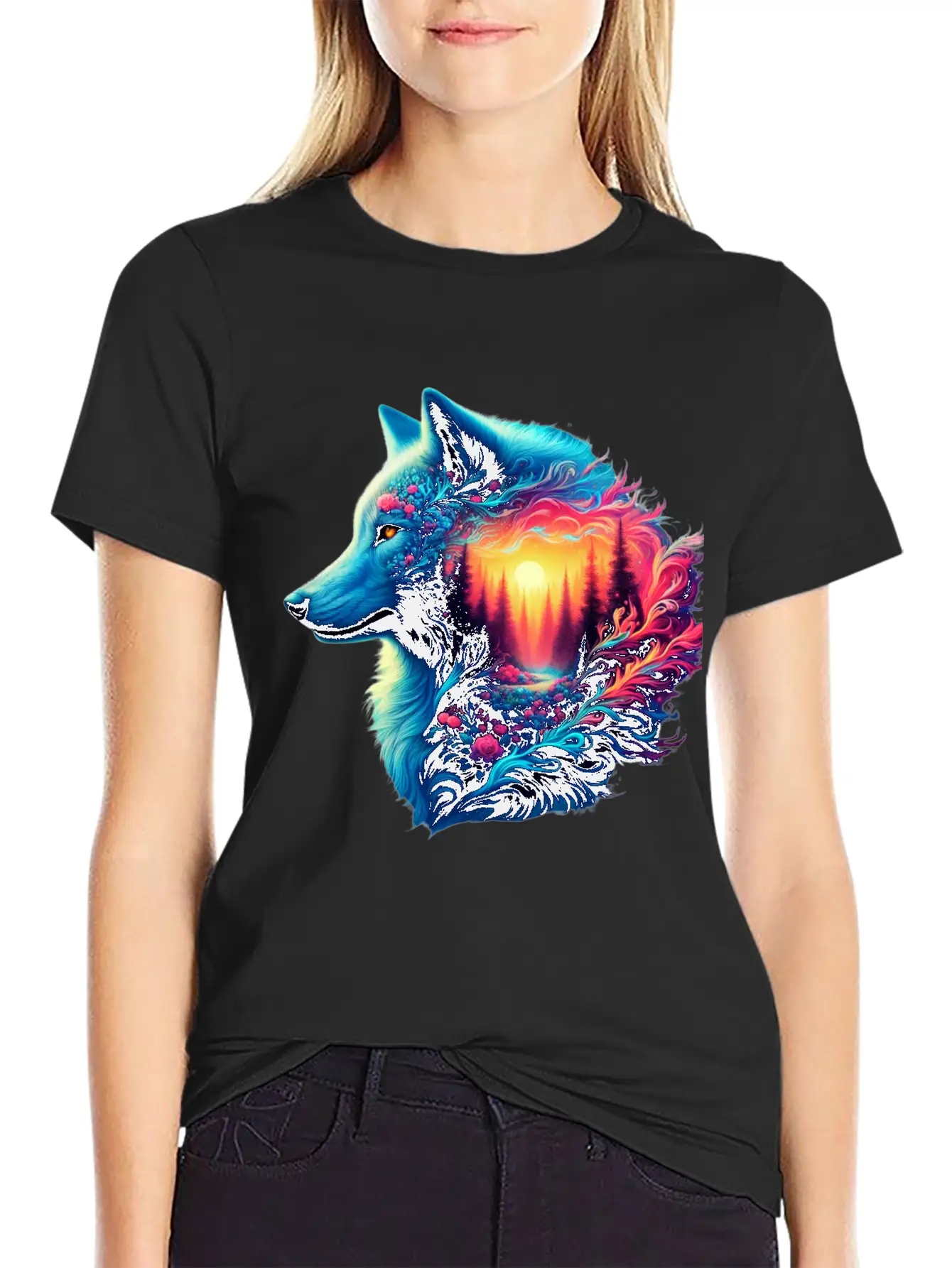 Colorful Wolf And Sunset Forest Unisex Casual T-Shirt – Clean Design For Daily Comfort