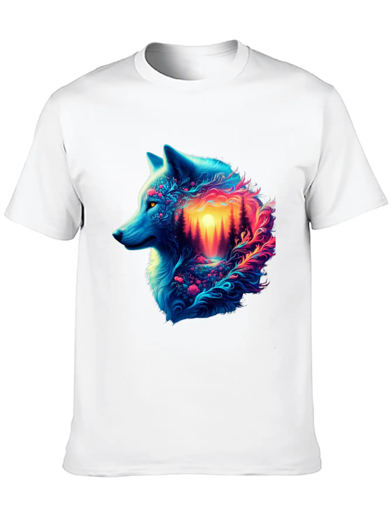Colorful Wolf And Sunset Forest Unisex Casual T-Shirt – Clean Design For Daily Comfort