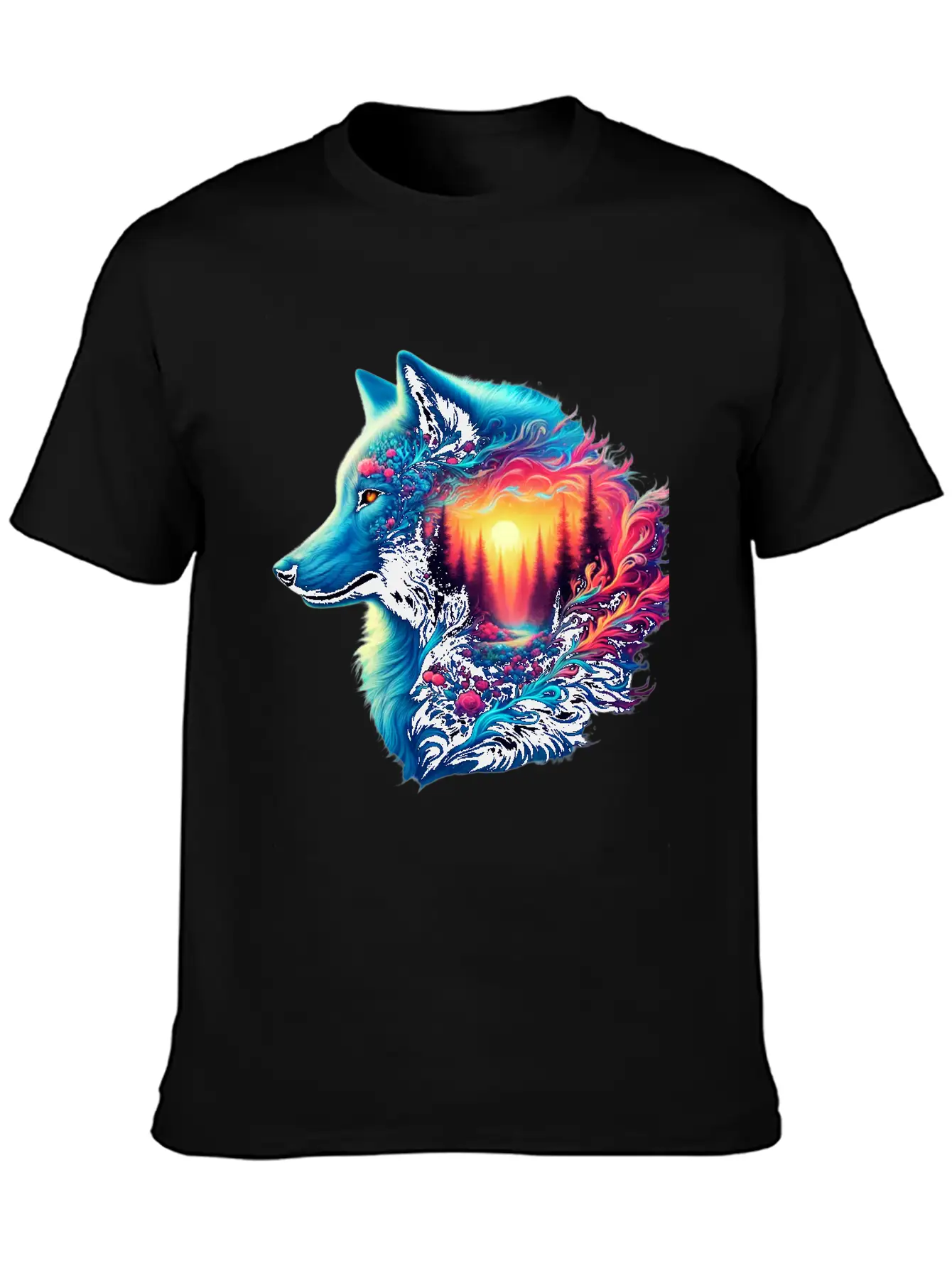 Colorful Wolf And Sunset Forest Unisex Casual T-Shirt – Clean Design For Daily Comfort