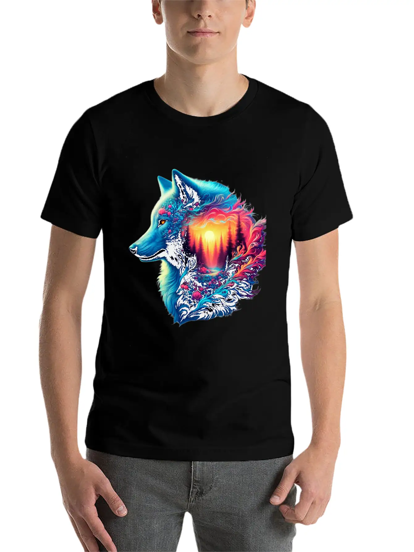 Colorful Wolf And Sunset Forest Unisex Casual T-Shirt – Clean Design For Daily Comfort