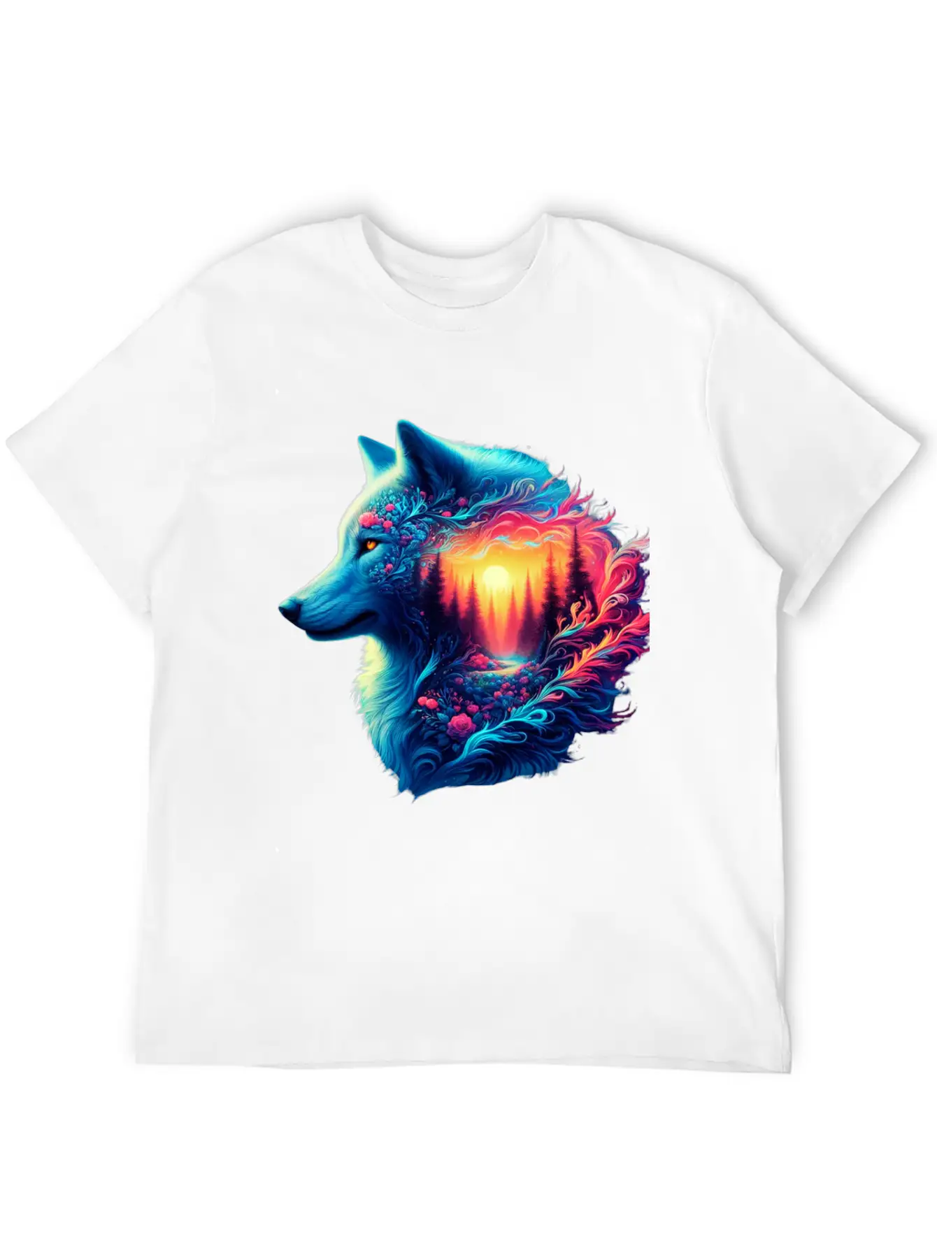 Colorful Wolf And Sunset Forest Unisex Casual T-Shirt – Clean Design For Daily Comfort