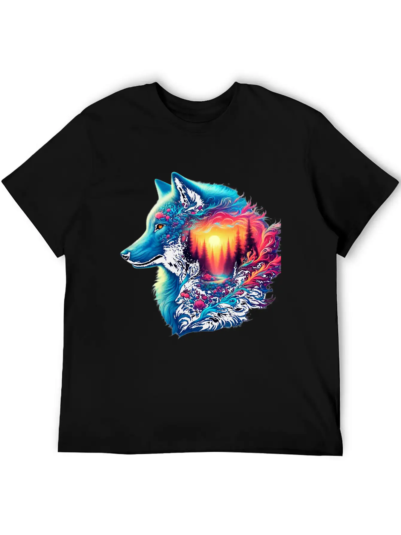 Colorful Wolf And Sunset Forest Unisex Casual T-Shirt – Clean Design For Daily Comfort