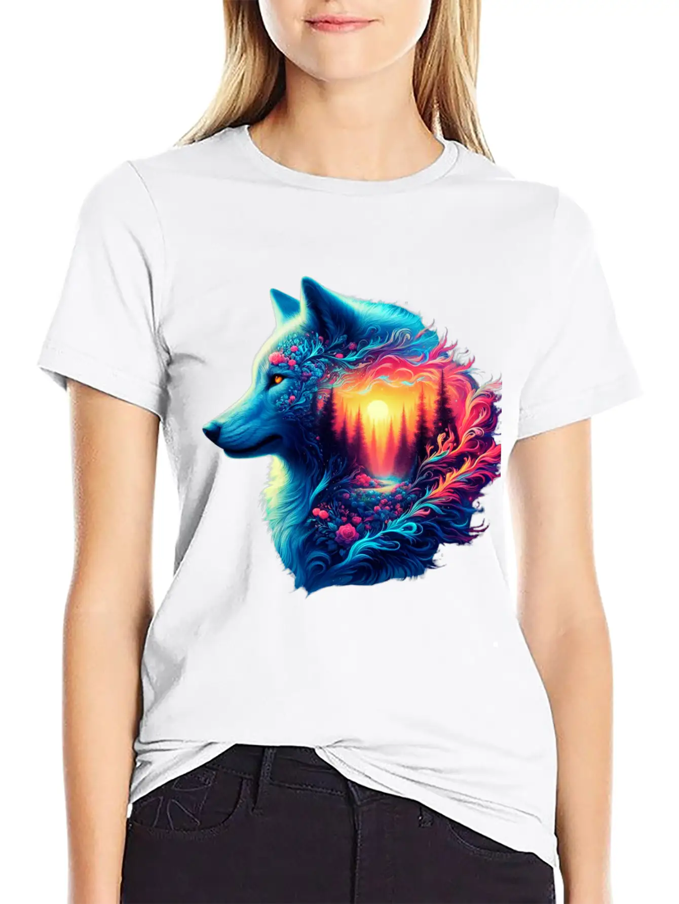 Colorful Wolf And Sunset Forest Unisex Casual T-Shirt – Clean Design For Daily Comfort