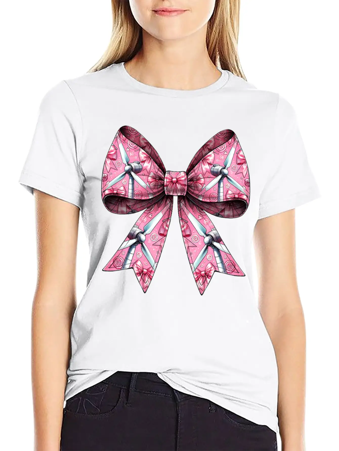 Coquette Bow Wind Turbine Pattern Windmill Unisex Casual T-Shirt – Clean Design For Daily Comfort