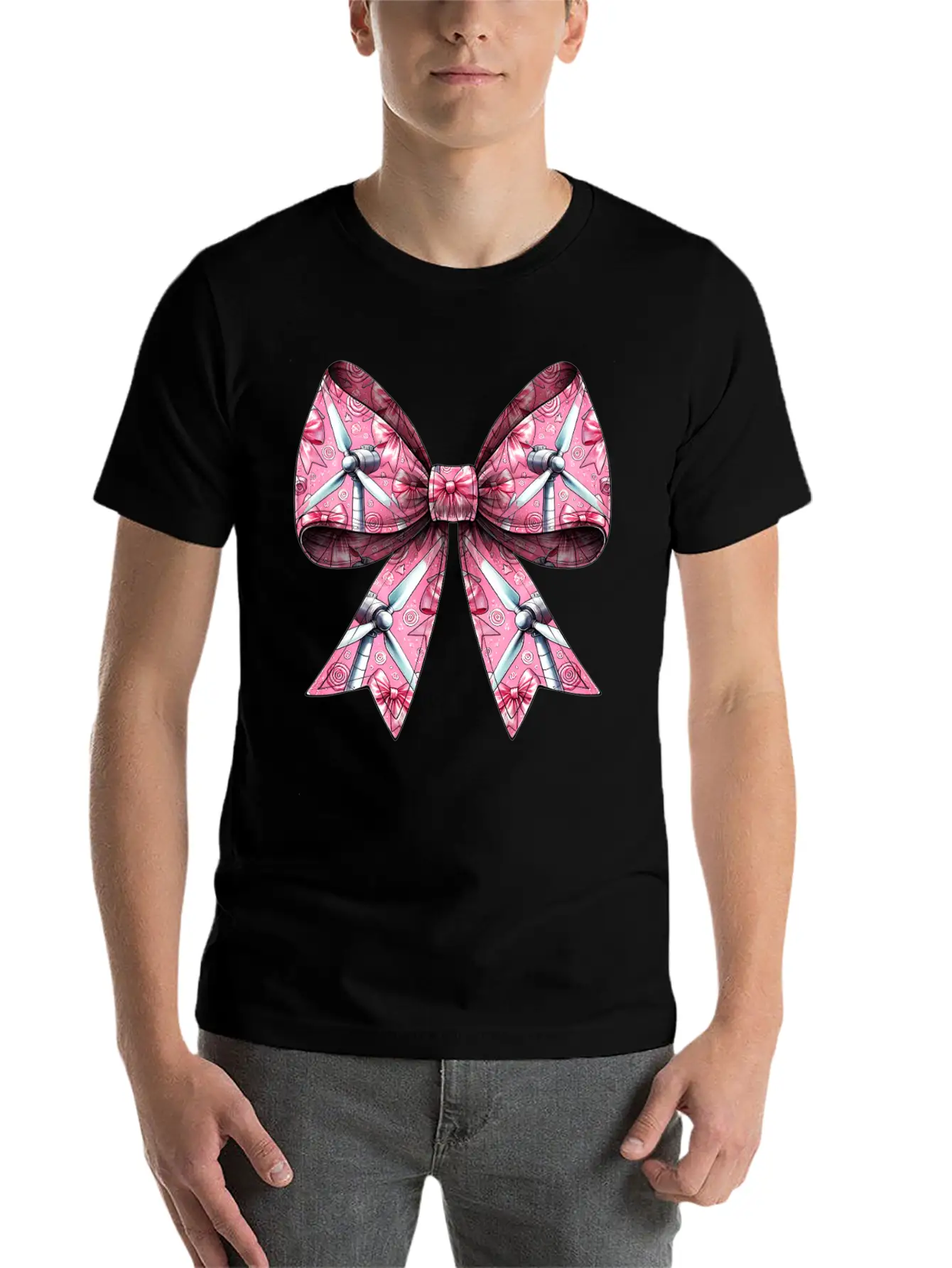 Coquette Bow Wind Turbine Pattern Windmill Unisex Casual T-Shirt – Clean Design For Daily Comfort