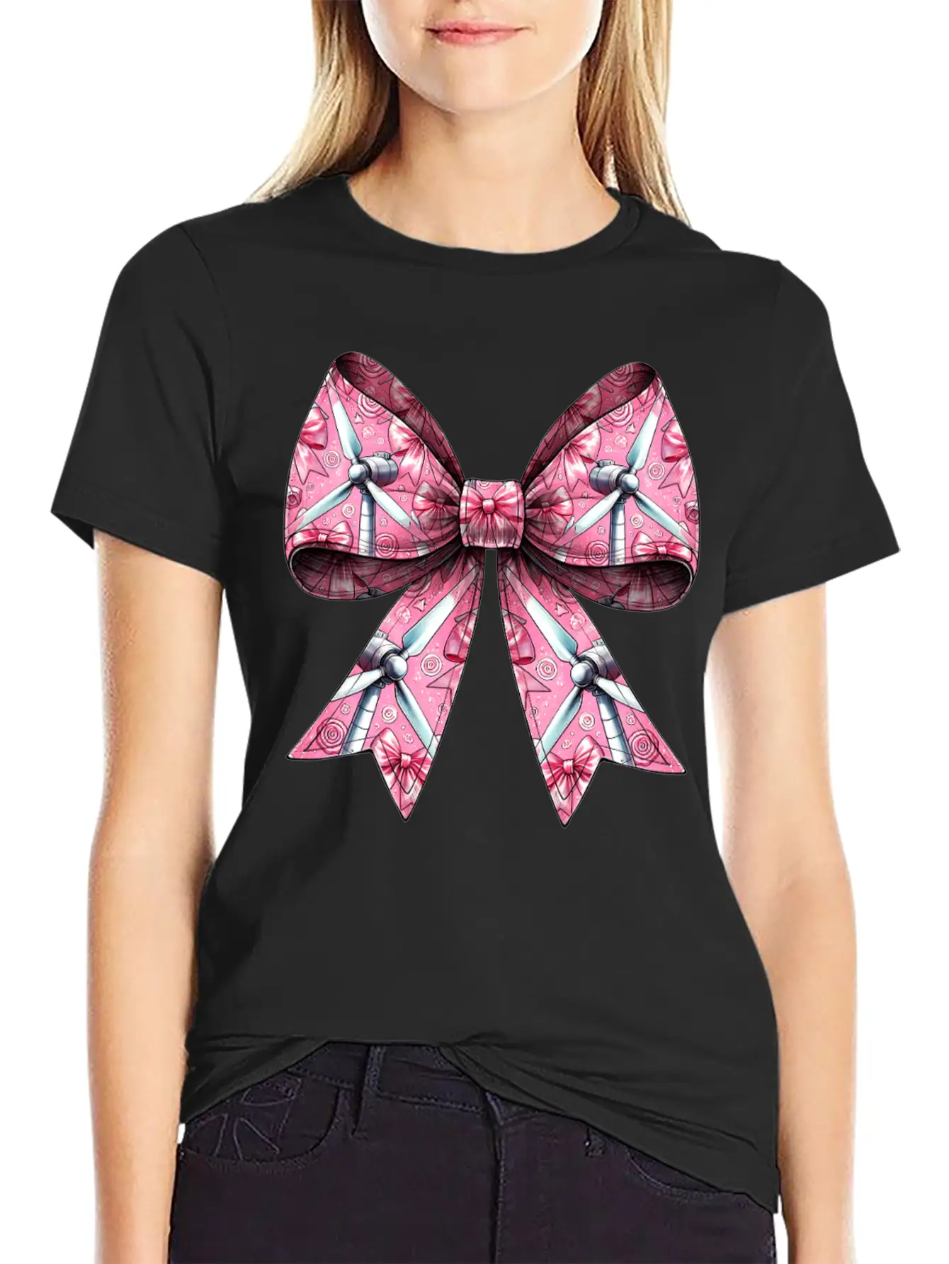 Coquette Bow Wind Turbine Pattern Windmill Unisex Casual T-Shirt – Clean Design For Daily Comfort