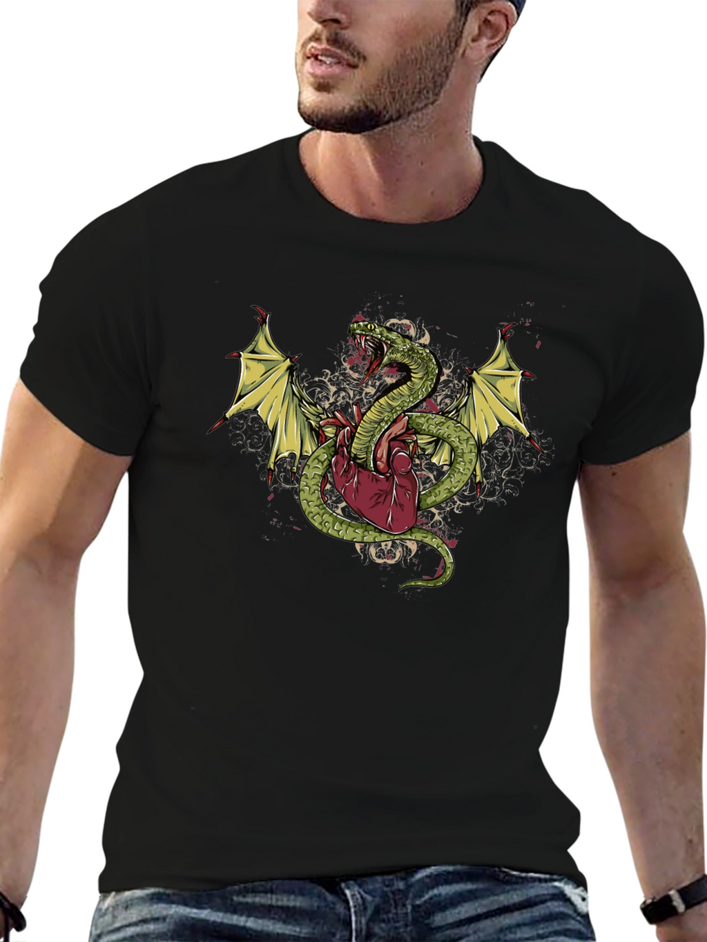 Snake & Heart Graphic T-Shirt - Edgy Style