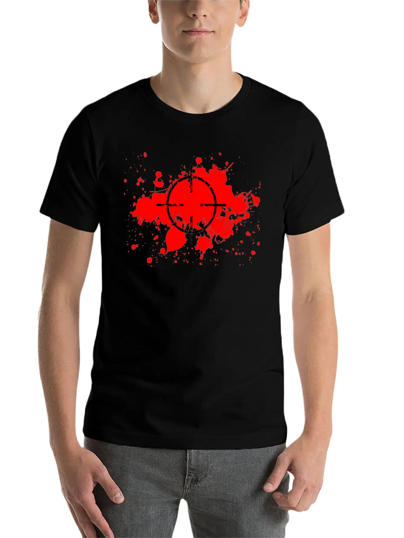 CROSSHAIRS & BLOOD SPLATTERS Unisex Short Sleeve Soft Cotton T-Shirt – Casual Everyday Wear