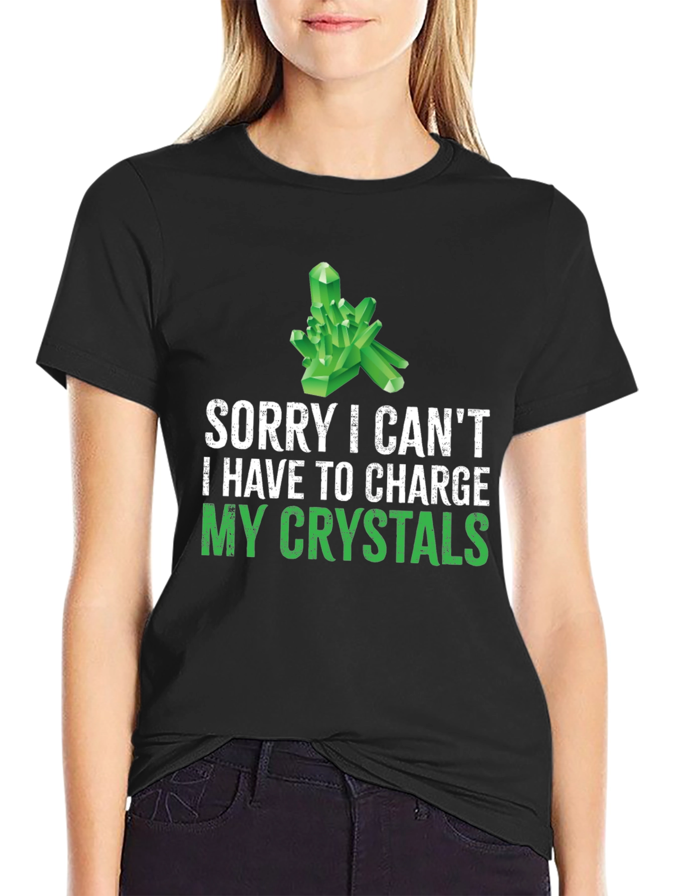 Crystal Charging T-Shirt: Sorry Cant! Black Cotton Tee