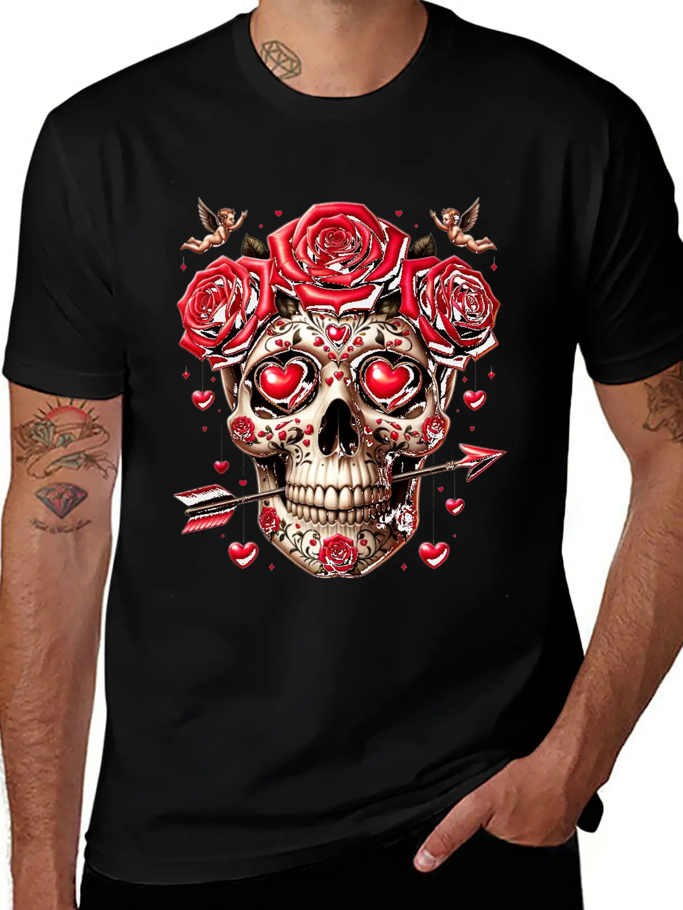 Cupid’s Skull T Shirt Love Arrow Valentine Skull Essential Cotton Tee For Daily Outfits – Unisex Style