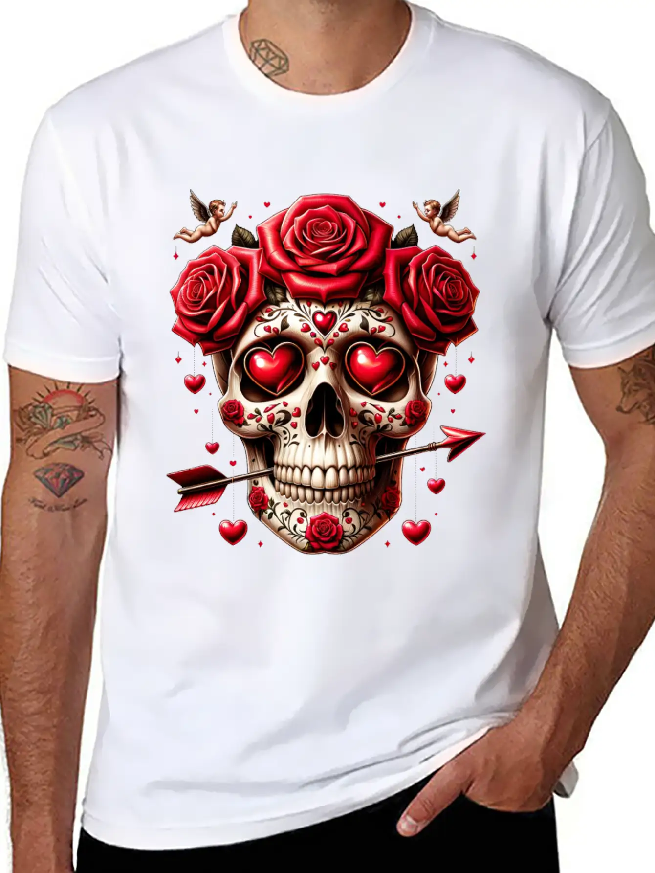 Cupid’s Skull T Shirt Love Arrow Valentine Skull Essential Cotton Tee For Daily Outfits – Unisex Style