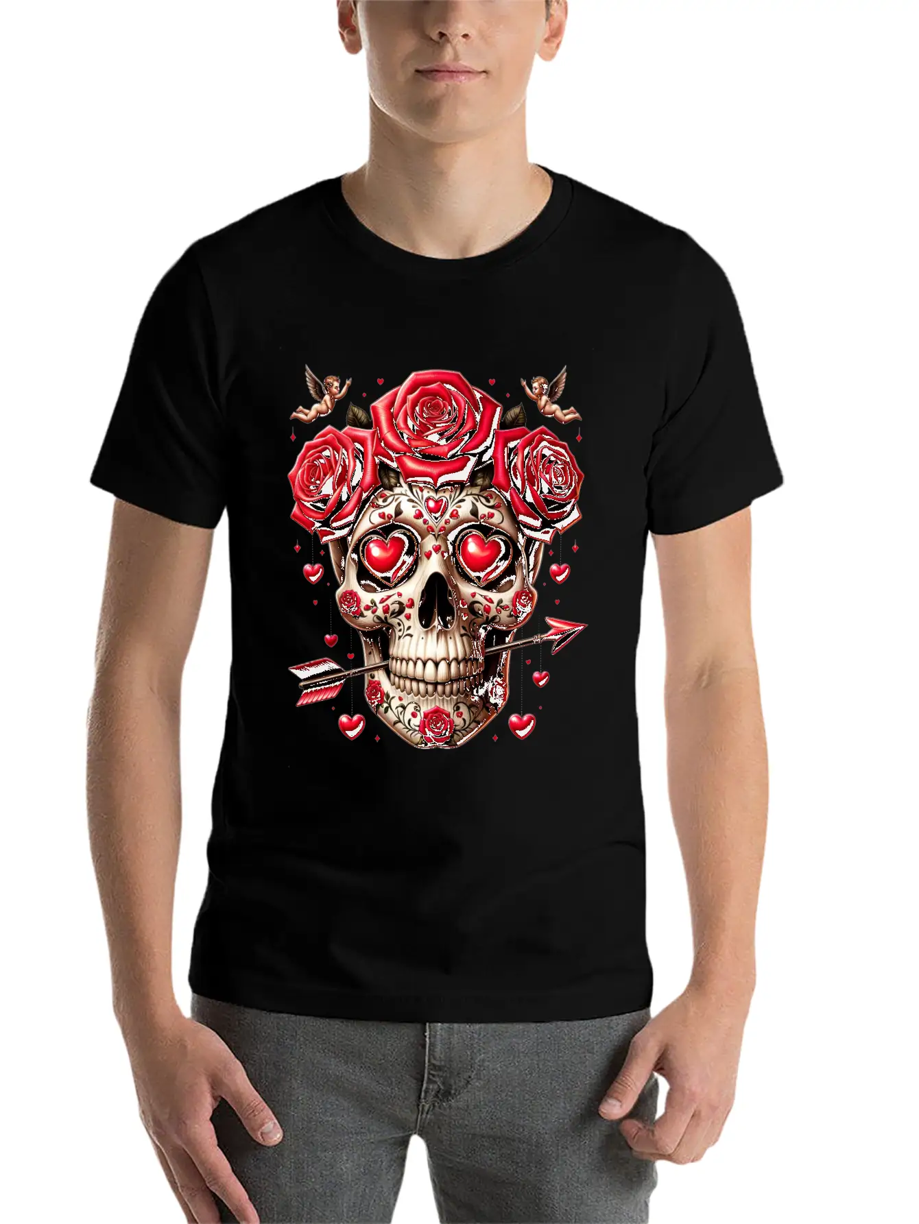 Cupid’s Skull T Shirt Love Arrow Valentine Skull Essential Cotton Tee For Daily Outfits – Unisex Style